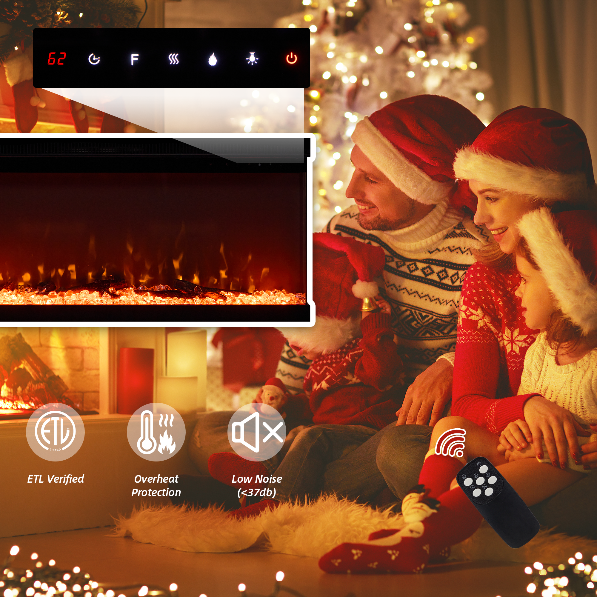 EROMMY 70-Inch 3-Sided Glass Fireplace TV Stand - Modern Media Console with 12 Color Flame Effects, Fits TVs up to 80 Inches, Black - Perfect for Living Room, Bedroom & Home Theater Setup