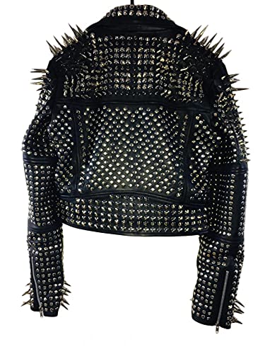 Steampunk Black Leather Motorcycle Jacket for Women - Long Spike Studded Biker Jacket with YKK Zipper | Gothic Fashion, Punk Style Outerwear (5XL) - Perfect for Motorcycle Riding, Concerts & Alternative Fashion
