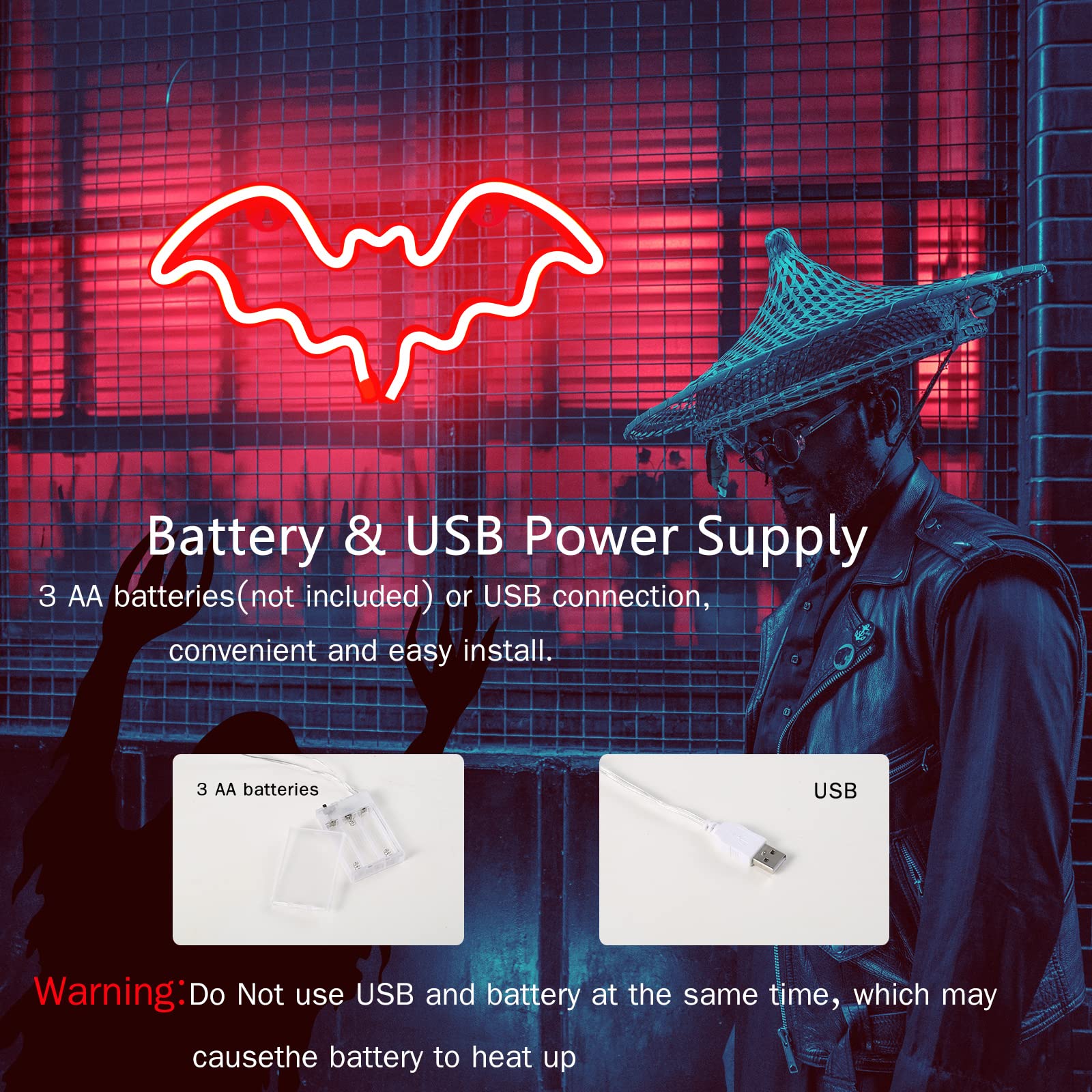 Halloween Bat Neon Sign - LED Wall Decor for Halloween Party, Bar & Room | Battery/USB Powered Bat Shape Lamp | Spooky Kids Bedroom & Outdoor Décor