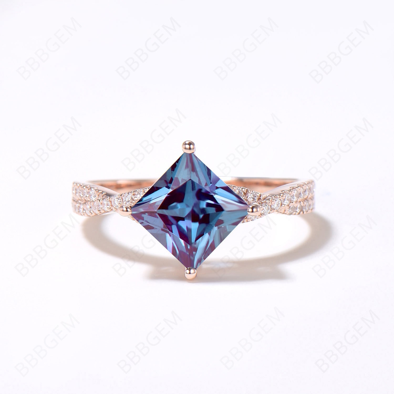 3-Piece Alexandrite Engagement Ring Set | Infinity Twist Moissanite & Diamond Wedding Ring in 14K Rose Gold | Princess Cut Alexandrite Bridal Jewelry Set for Proposals, Anniversaries & Special Occasions
