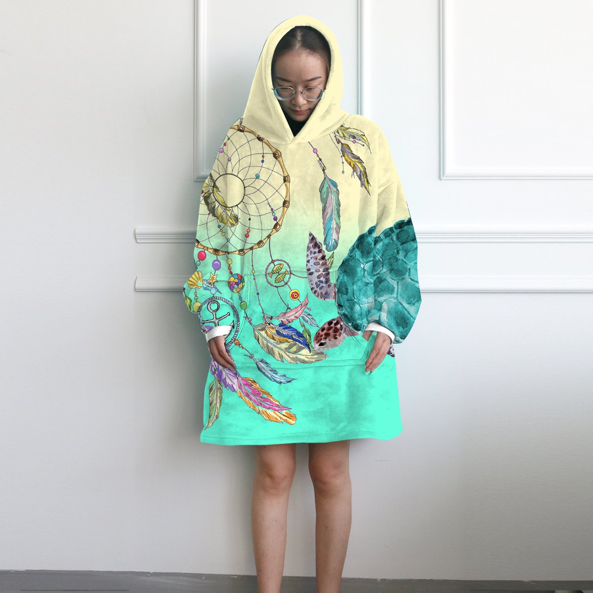 Dreamcatcher & Sea Turtle Wearable Blanket Hoodie - Soft Fleece Lounge Wear for Women & Teens - Cozy Home, Camping & Travel Blanket Hoodie