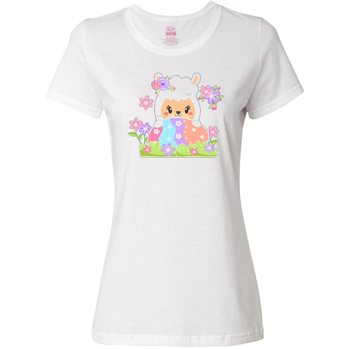 Inktastic Cute Easter Llama with Spring Flowers and Egg Women's T-Shirt - Comfortable Casual Tee for Spring Outfits, Easter Celebrations & Everyday Wear