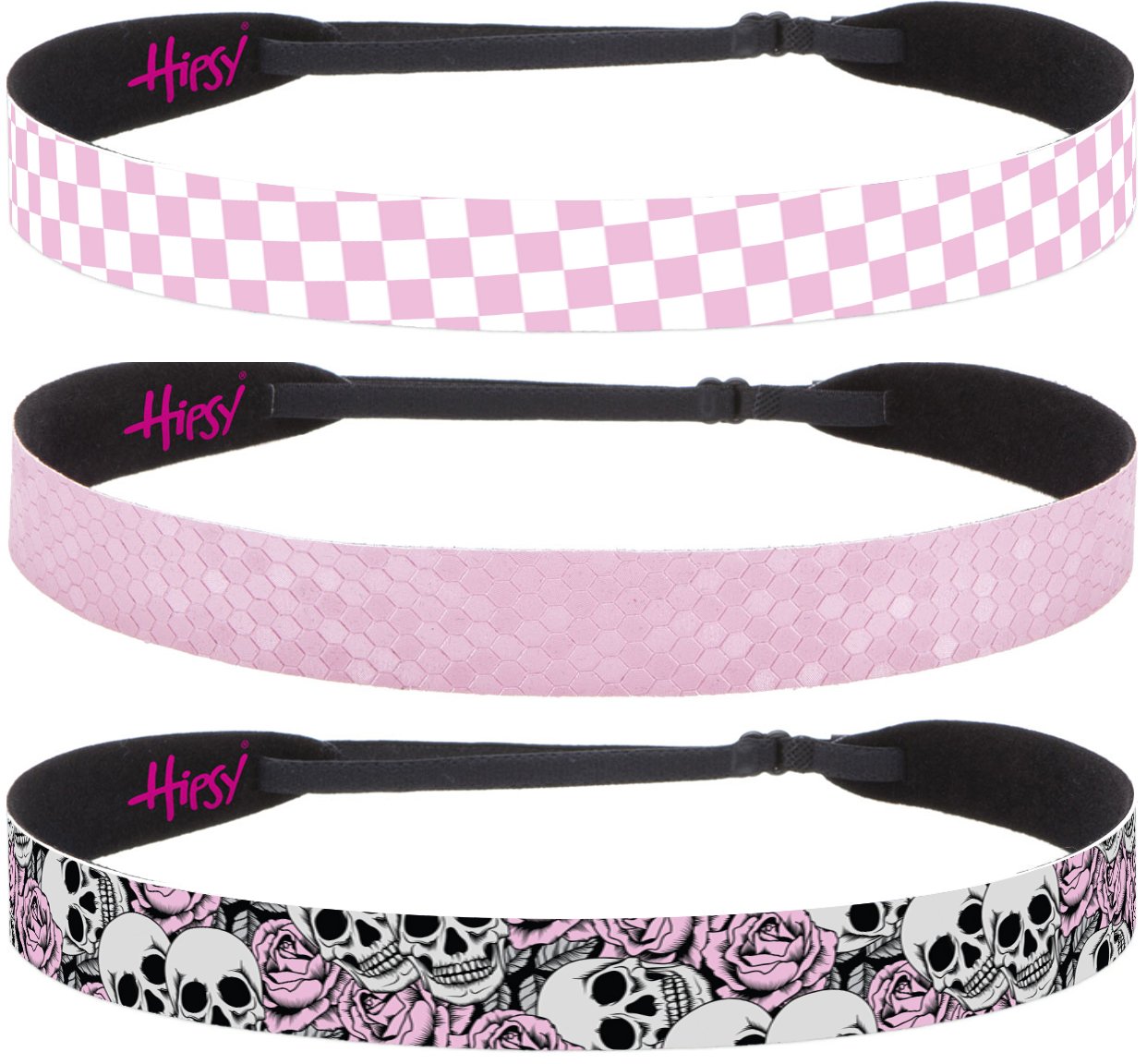 Hipsy Women's Adjustable No-Slip Checkerboard Wide Headbands - 3 Pack Light Pink - Stylish Hair Accessories for Workouts, Yoga, and Everyday Fashion
