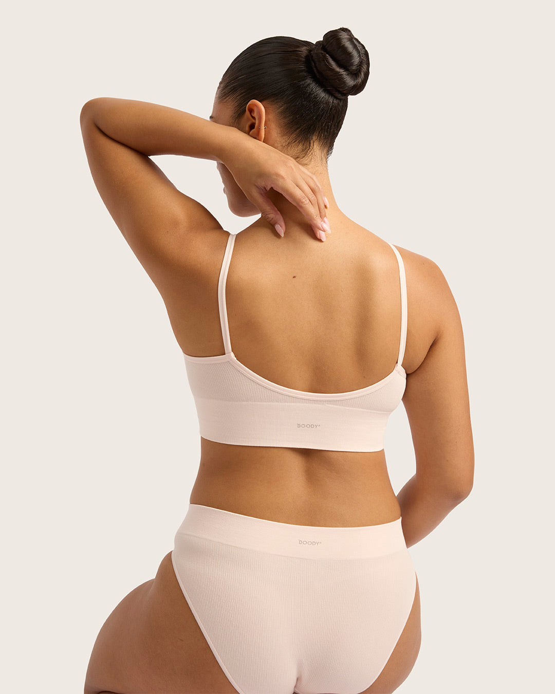 LYOLYTE Ribbed Low Back Bralette - Soft Powder Pink Wireless Bralette for Women | Comfortable Seamless Yoga Bralette for Lounge, Sleep & Everyday Wear