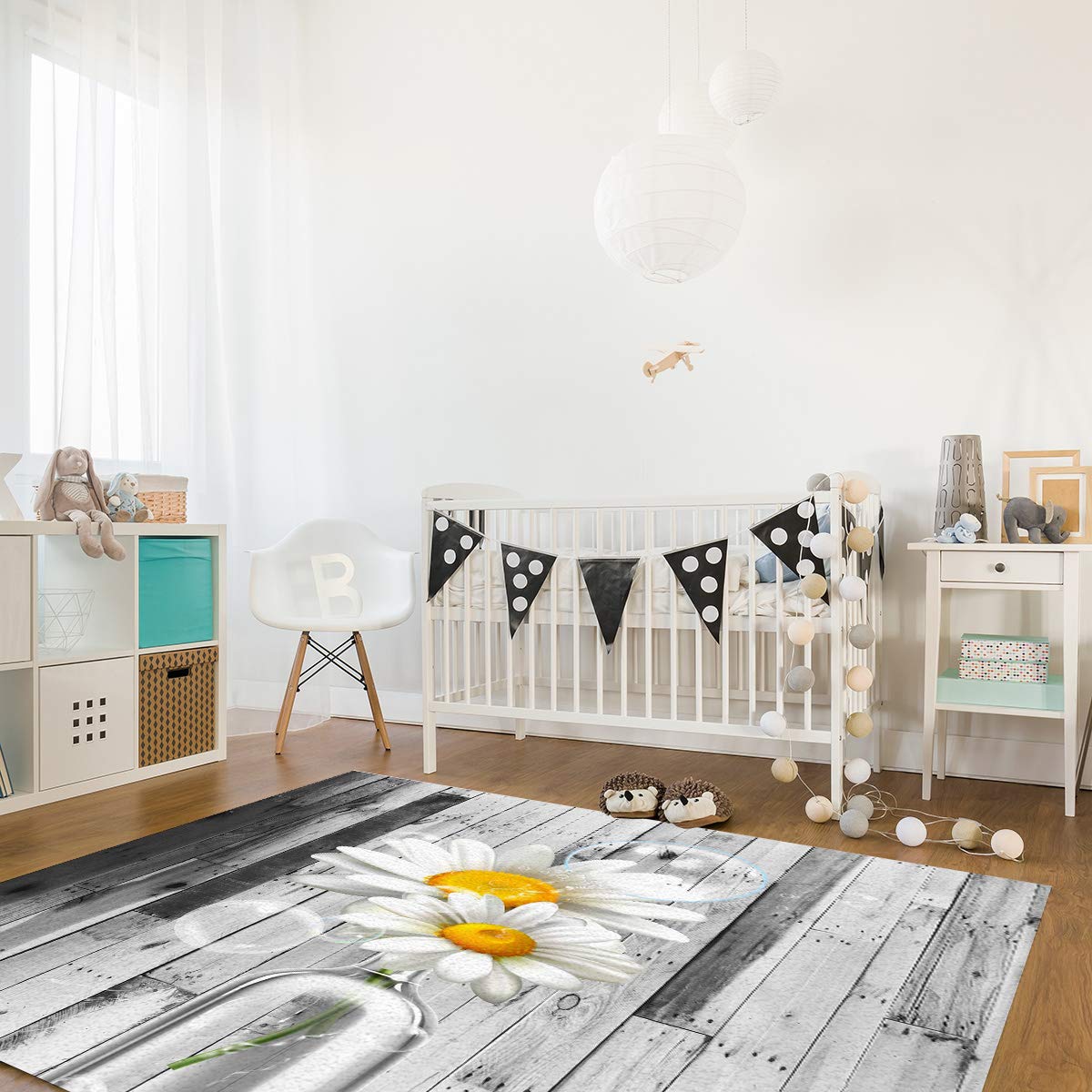 4'x7' Area Runner Rug with Daisy Flowers & Wood Texture - Washable Indoor/Outdoor Carpet for Kitchen, Living Room, Bathroom, Bedroom, Classroom & Laundry Room - Perfect Welcome Mat & Desk Decor for Home & Office
