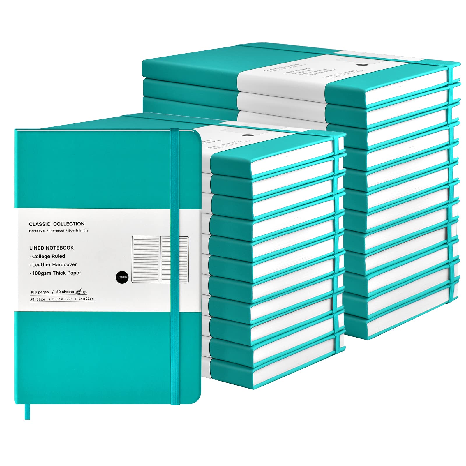 Coopay 24 Pack A5 Lined Hardcover Notebooks Bulk - 160 Pages, 100GSM Thick Paper, 8.3 x 5.5 inch Leather Journals for Writing, Office, School & Business - Perfect for Work, Study & Journaling (Green)