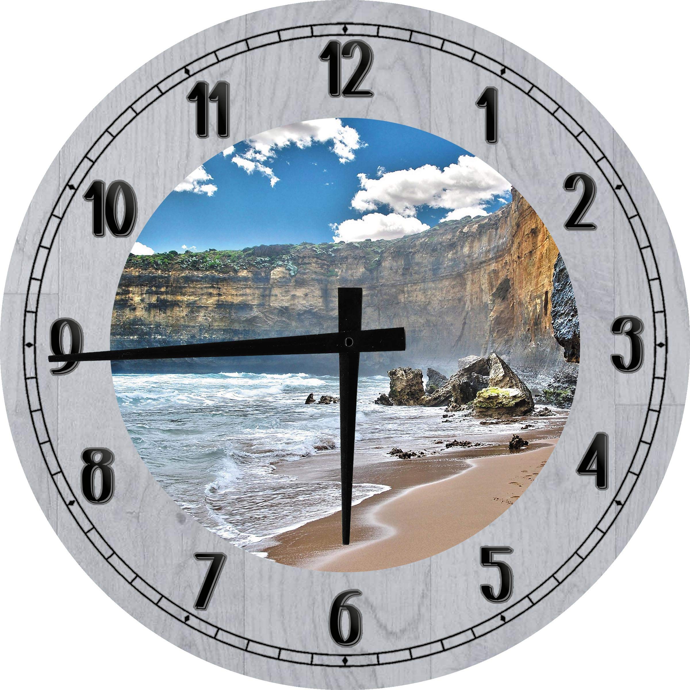 18 Inch Gray Large Round Wood Wall Clock - Horseshoe Cliffside Ocean Cove & Beach Decor for Coastal Home, Living Room, Bedroom, Office