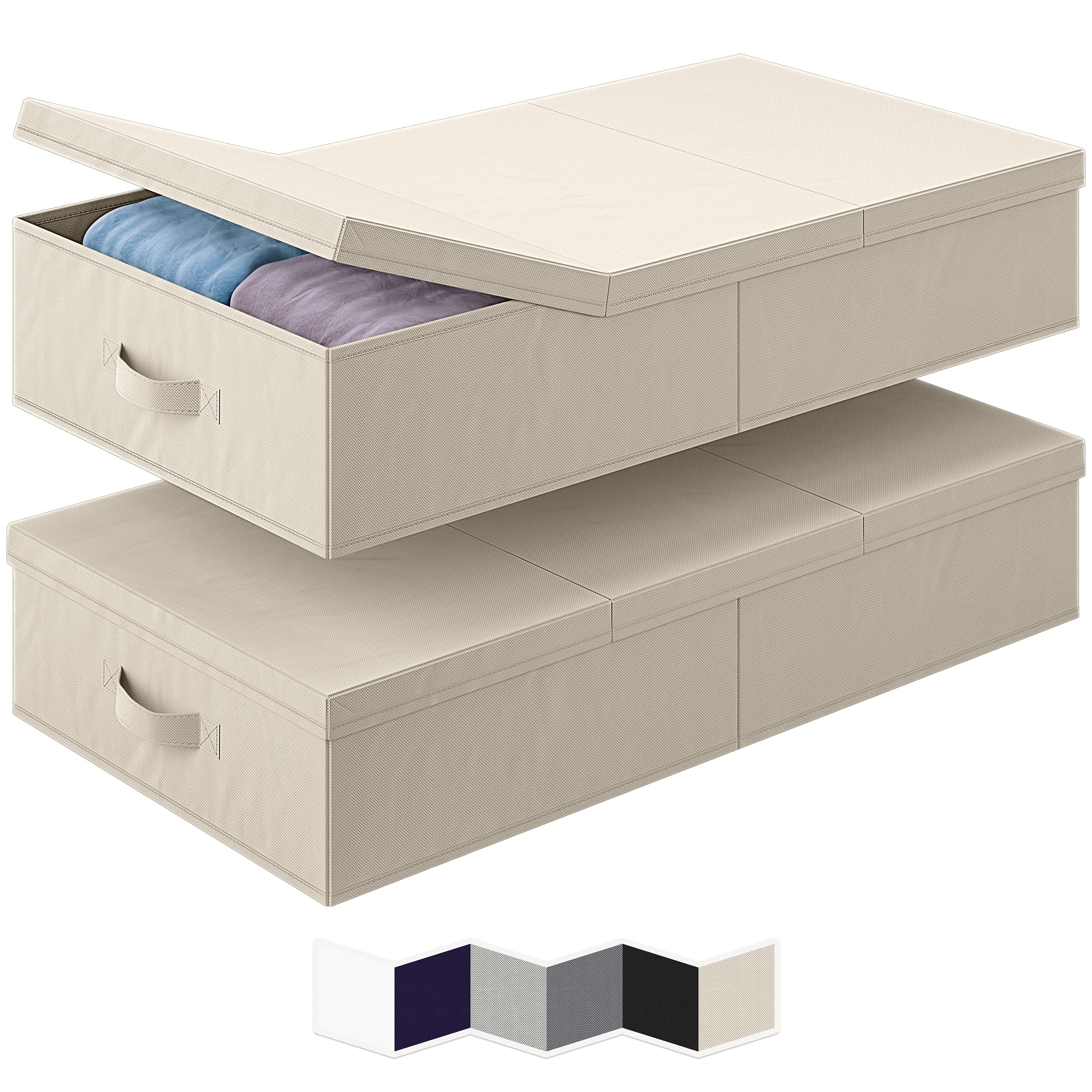 NEATERIZE Under Bed Storage Bins with Lids - Set of 2 Large Beige Stackable Organizers for Clothes, Shoes, Toys & Linens | Space-Saving Bedroom, Closet & Garage Storage Solutions