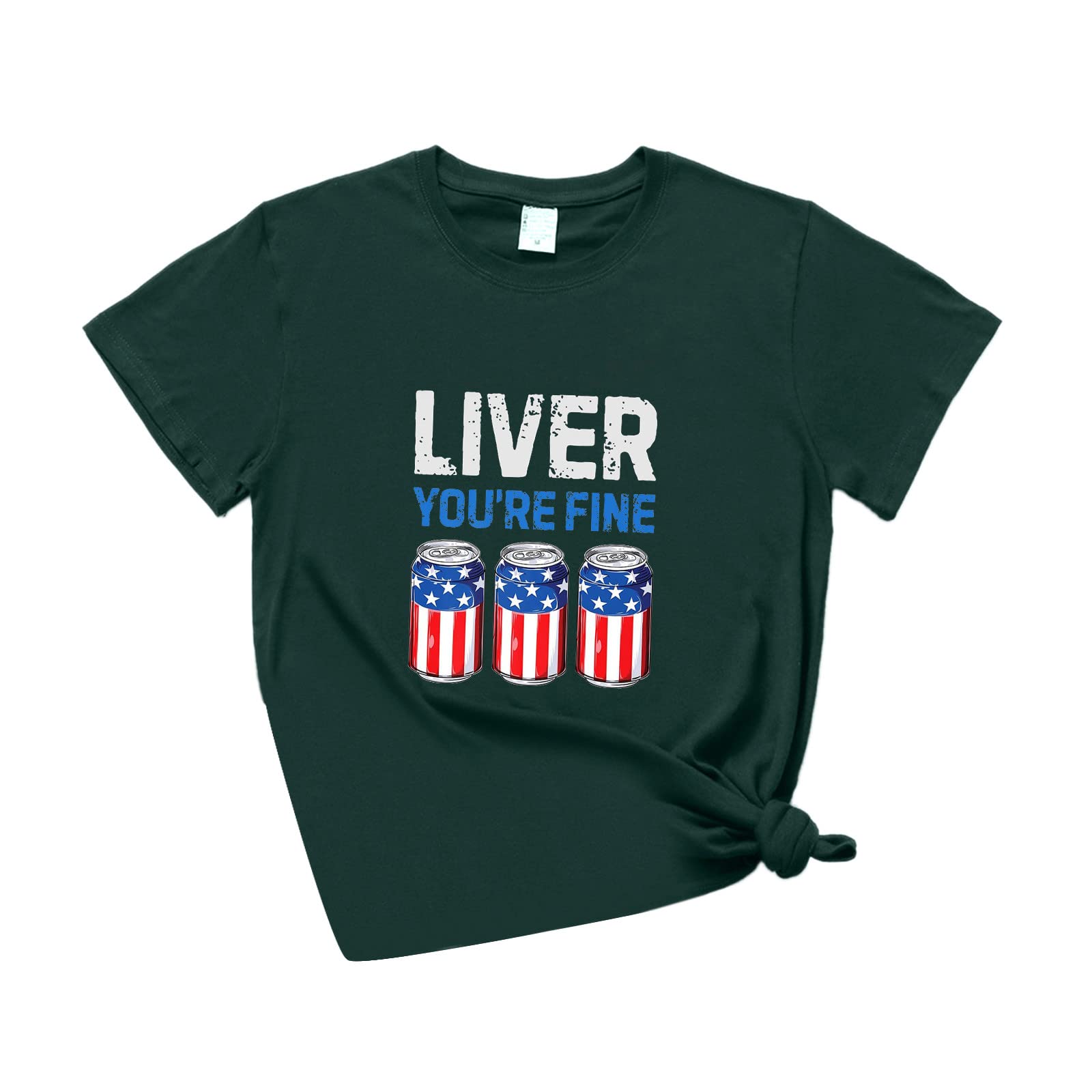 Funny Women's Summer Floral Liver You're Fine T-Shirt - Red White Blue Beer Print Short Sleeve Tee - Casual Beachwear & Festival Outfit