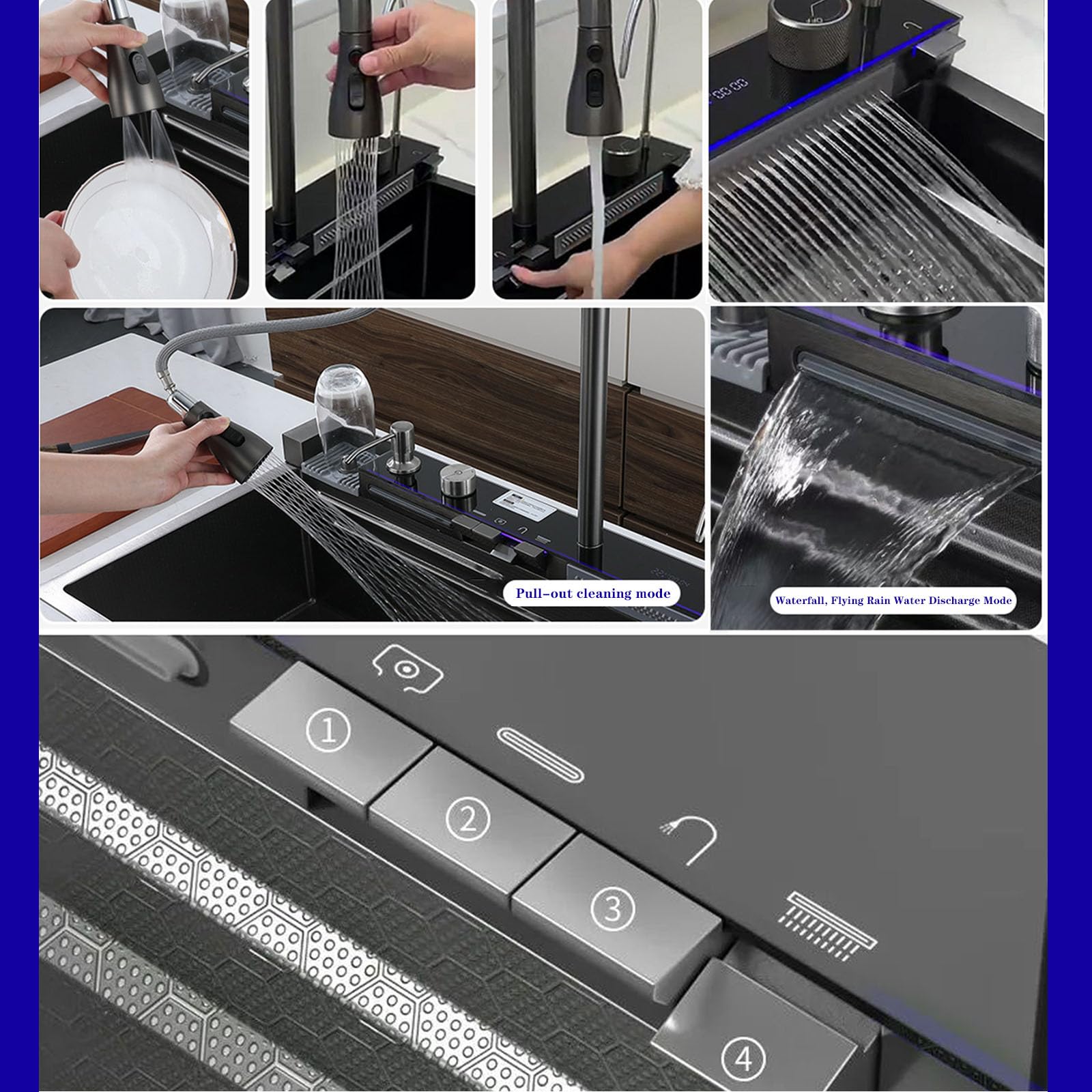 Digital Waterfall Kitchen Sink - FIVIXIL Multifunctional Whale Console Sink with Soap Dispenser, Flying Rain Waterfall Faucet & Tabletop Control - Perfect for Modern Kitchens & Luxury Home Renovations