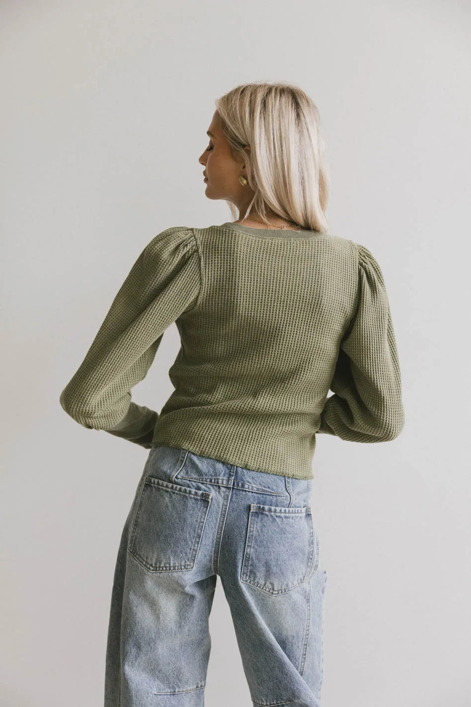 Lettie Waffle Knit Top Women's Olive Green Long Sleeve Shirt - Cozy Casual Loungewear for Fall & Winter | Final Sale