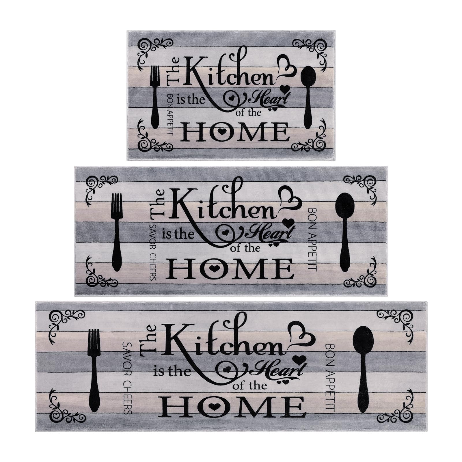 Vaukki Boho Kitchen Rug Set - Washable Non-Slip Floor Mats for Kitchen, Laundry & Hallway (Grey/Beige) - Perfect for Boho Home Decor