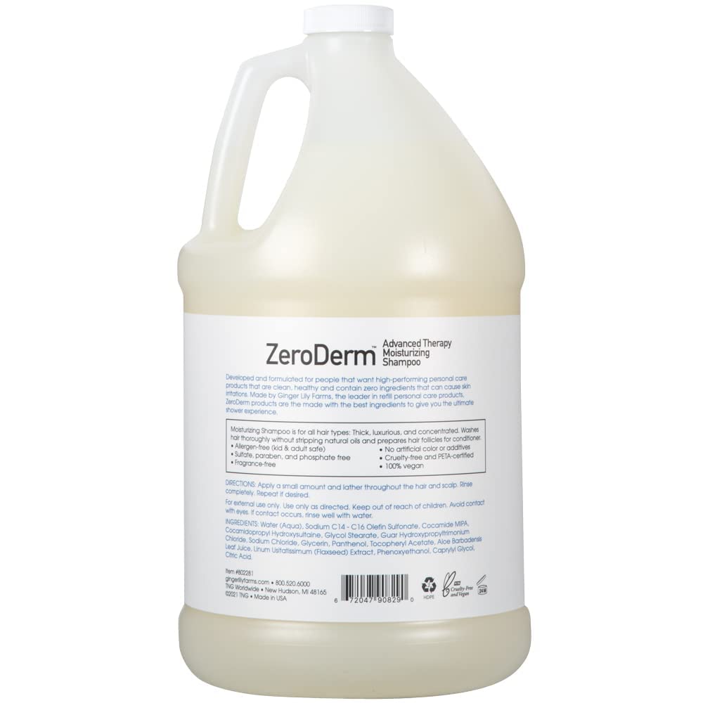 Ginger Lily Farms ZeroDerm Advanced Therapy Moisturizing Shampoo - Vegan, Cruelty-Free & Fragrance Free for All Hair Types - 1 Gallon Refill (4 Pack) - Ideal for Salons, Spas & Home Hair Care Routines