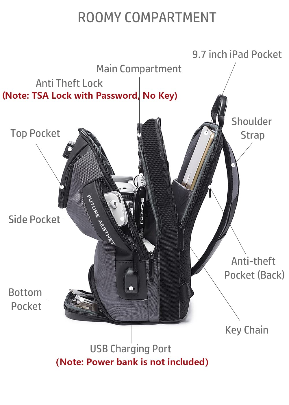 iubest Anti Theft Sling Bag for Men - USB Charging Port & TSA Lock Waterproof Crossbody Backpack - Lightweight Casual Daypack for Travel, Work, Gym & Outdoor Activities (Grey)