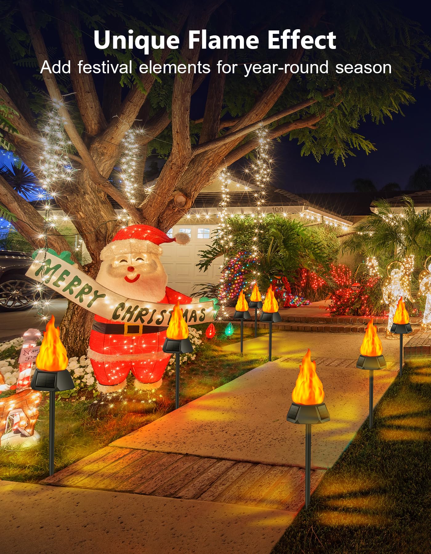 Upgraded Solar Christmas Lights Outdoor - 4 Pack IP65 Waterproof with 3 Solar Panels & Realistic Flickering Flame - Perfect for Garden, Patio, Yard, Pathway and Holiday Decorations