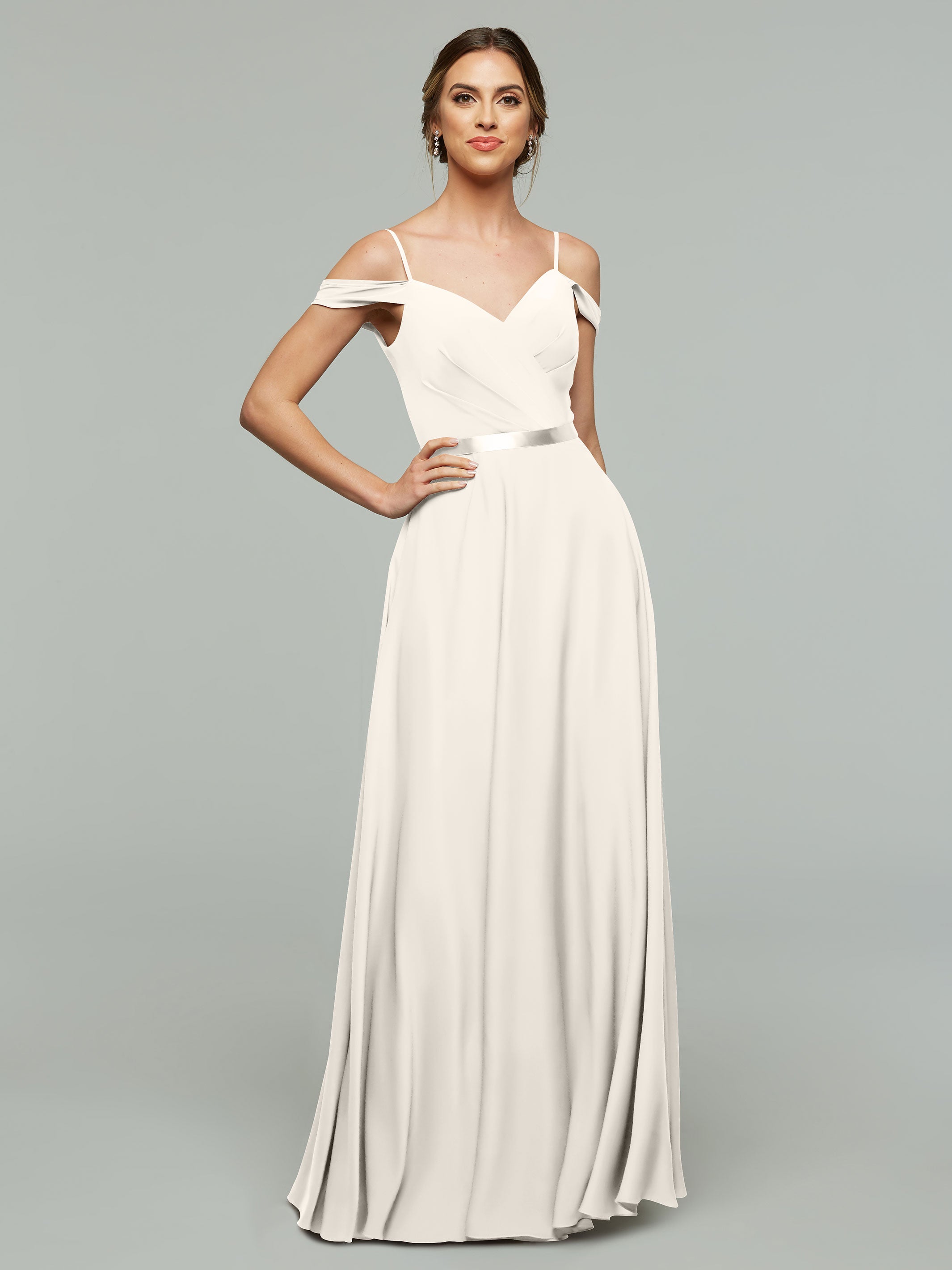 Elegant 80106 Off-The-Shoulder Stretch Chiffon A-Line Bridesmaid Dress with Sash - Perfect for Weddings, Formal Events & Special Occasions