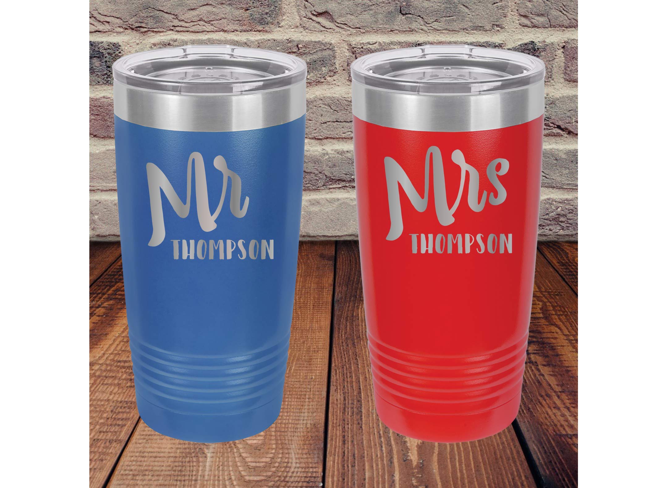 Personalized Mr & Mrs 20oz Insulated Stainless Steel Tumbler Set - Powder Coated Couple Coffee Mugs for Anniversary, Wedding Gift & Romantic Date Nights
