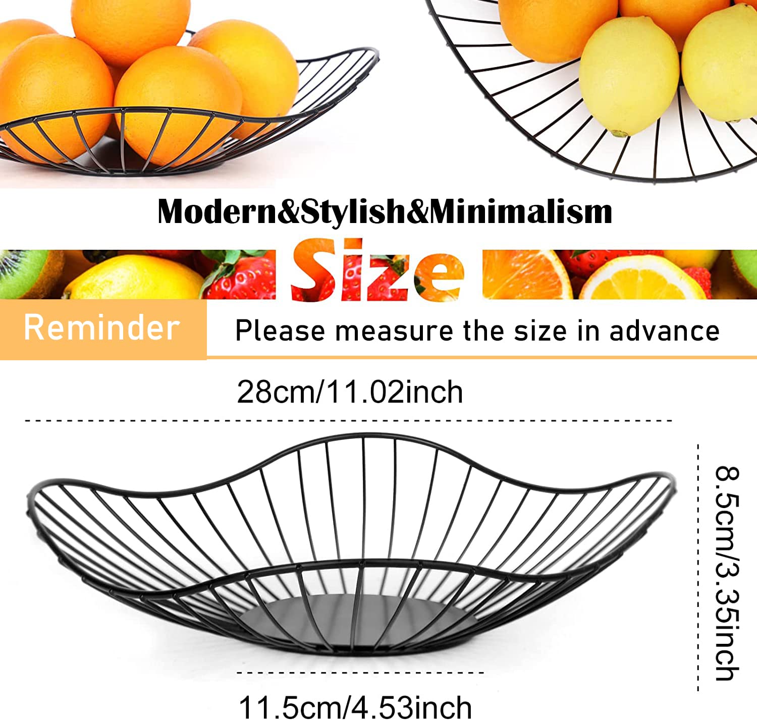 2 Pack Modern Minimalist Wire Fruit Bowls - Black Kitchen Countertop Storage for Fruits & Vegetables | Home Decor Centerpiece for Dining Table, Living Room & Kitchen Organization