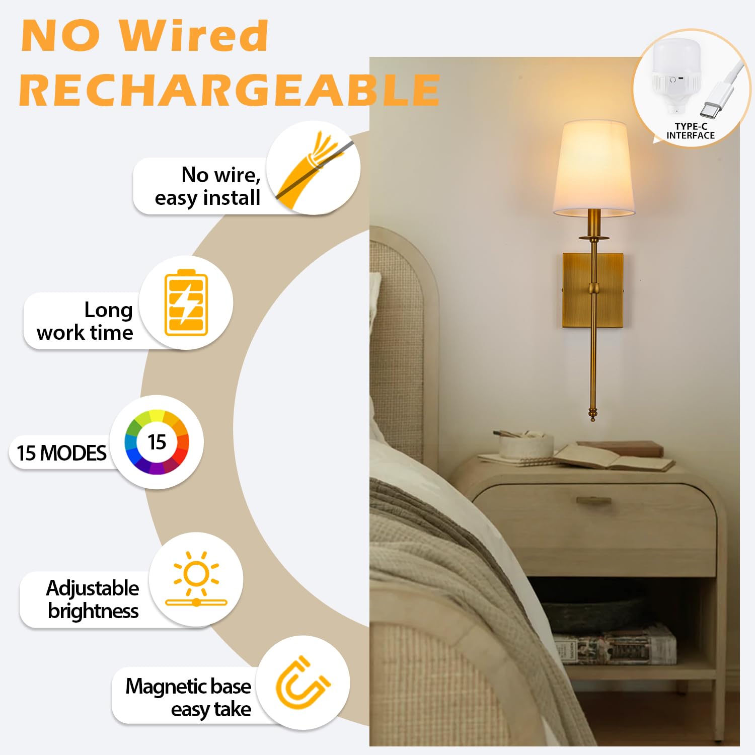 PASSICA DECOR Rechargeable Battery Operated Wall Sconces Set of 2 - Dimmable LED Wall Lights with Remote Control & Detachable Bulbs - Modern Lighting Fixtures for Bedroom, Living Room, Hallway & Staircase