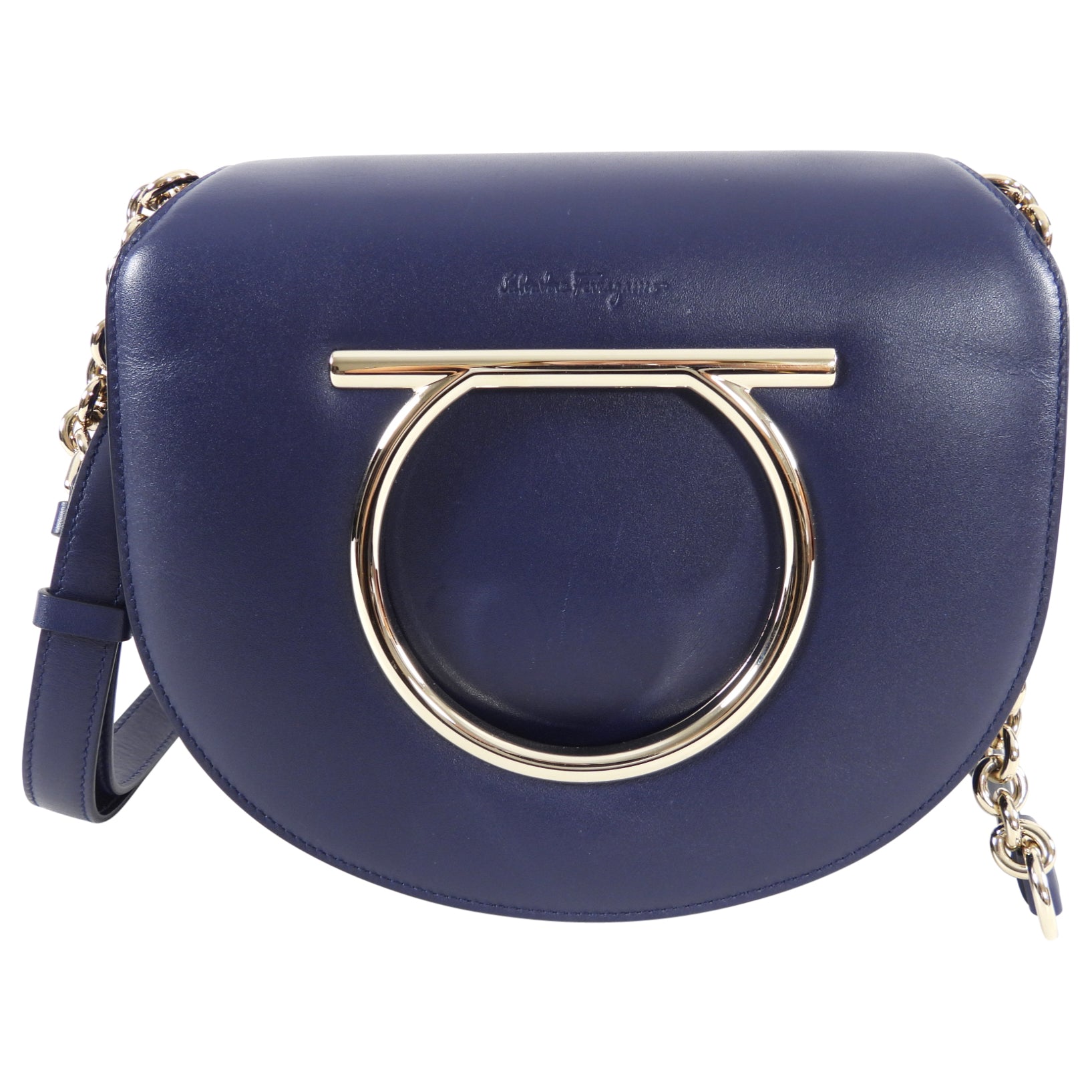 Ferragamo Navy Blue Smooth Leather Vela Crossbody Bag for Women | Luxury Designer Shoulder Purse | Perfect for Work, Travel & Evening Events