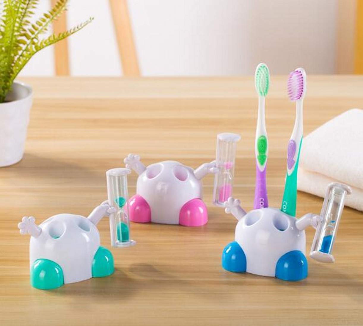 WellieSTR 3-Piece Hourglass Toothbrush Timer & Holder Set - Cute Bathroom Organizer for Kids & Adults | Perfect for Morning Routines, Bathroom Counter Storage & Dental Hygiene Motivation
