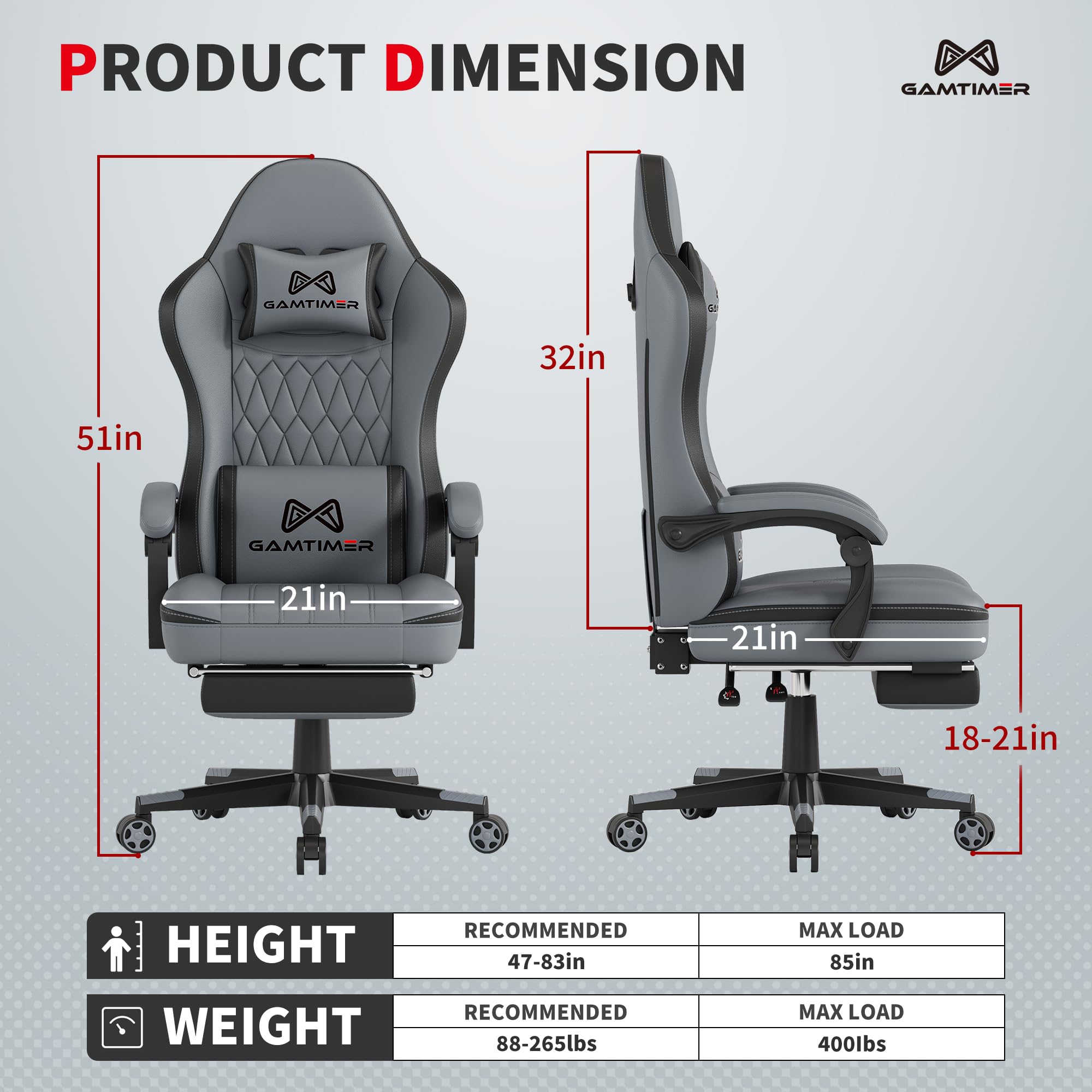 Ergonomic Gaming Chair with Footrest & Lumbar Support - 155° Reclining High Back Office Chair for Adults & Kids (Grey+Black) - Perfect for Gaming, Working & Home Office Use