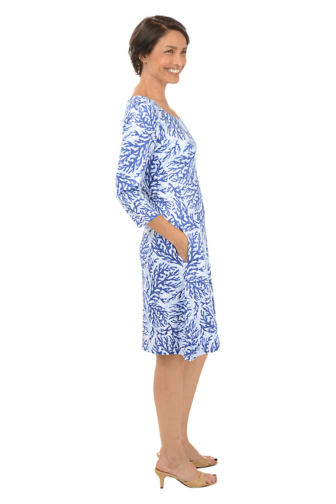 Elegant Coral 3/4 Sleeve A-Line Dress for Women - Flowy Summer Dress for Beach, Wedding & Casual Wear