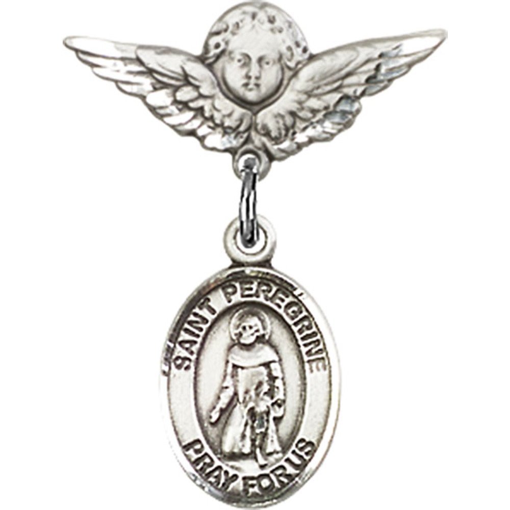 St. Peregrine Laziosi Sterling Silver Baby Badge with Angel Wing Charm - 7/8 X 3/4 Inch Religious Pin for Baptism, First Communion & Baby Blessing Gifts