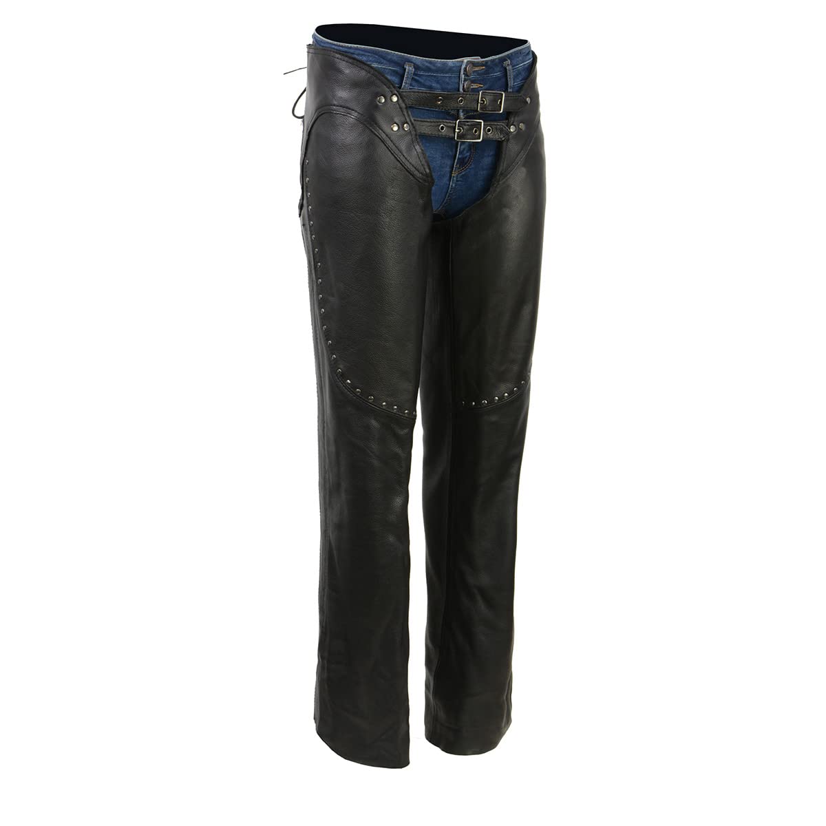 Milwaukee ML1186 Women's Black Low-Rise Waist Motorcycle Leather Chaps with Double Buckle & Rivet Detailing - Perfect for Harley Riding & Biker Events
