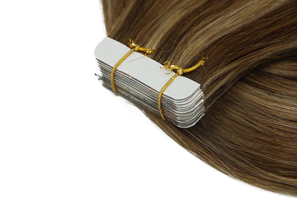 HUAYI Dark Brown Ombre Blonde Highlights Human Hair Extensions - 50g 20Pcs 18inch Tape-In Hair Weft, Soft Thick Ends, Tangle-Free, Long-Lasting Balayage Hair (Color 427, 18'') - Perfect for Parties, Weddings & Daily Styling