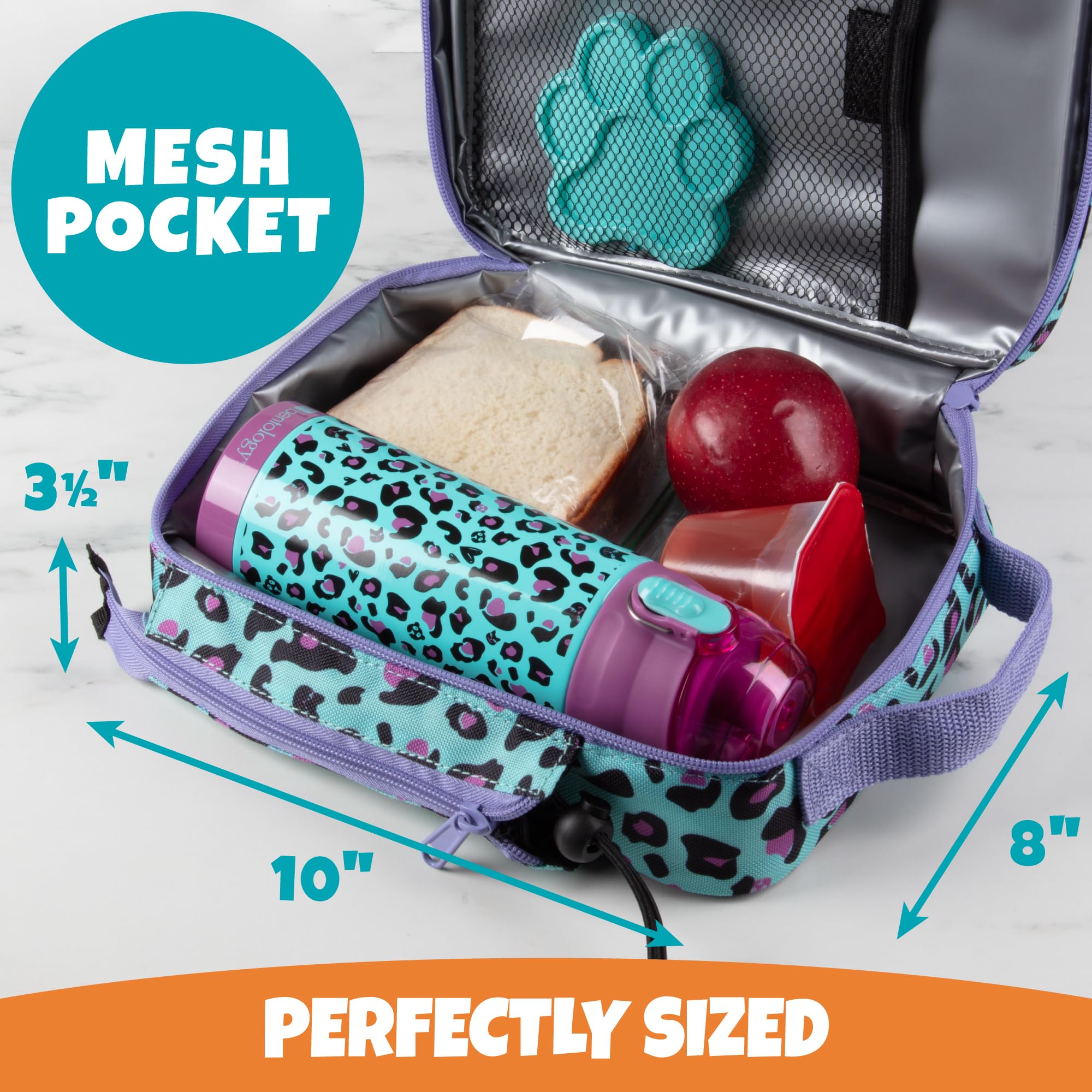 Bentology Kids Lunch Bag Set with Matching Reusable Water Bottle & Hard Ice Pack - Blue Purple Cheetah Print - Insulated Tote, Stainless Steel Thermos, Ice Pack - Back to School Lunchbox Kits for Boys & Girls - Perfect for School, Picnics, and Travel