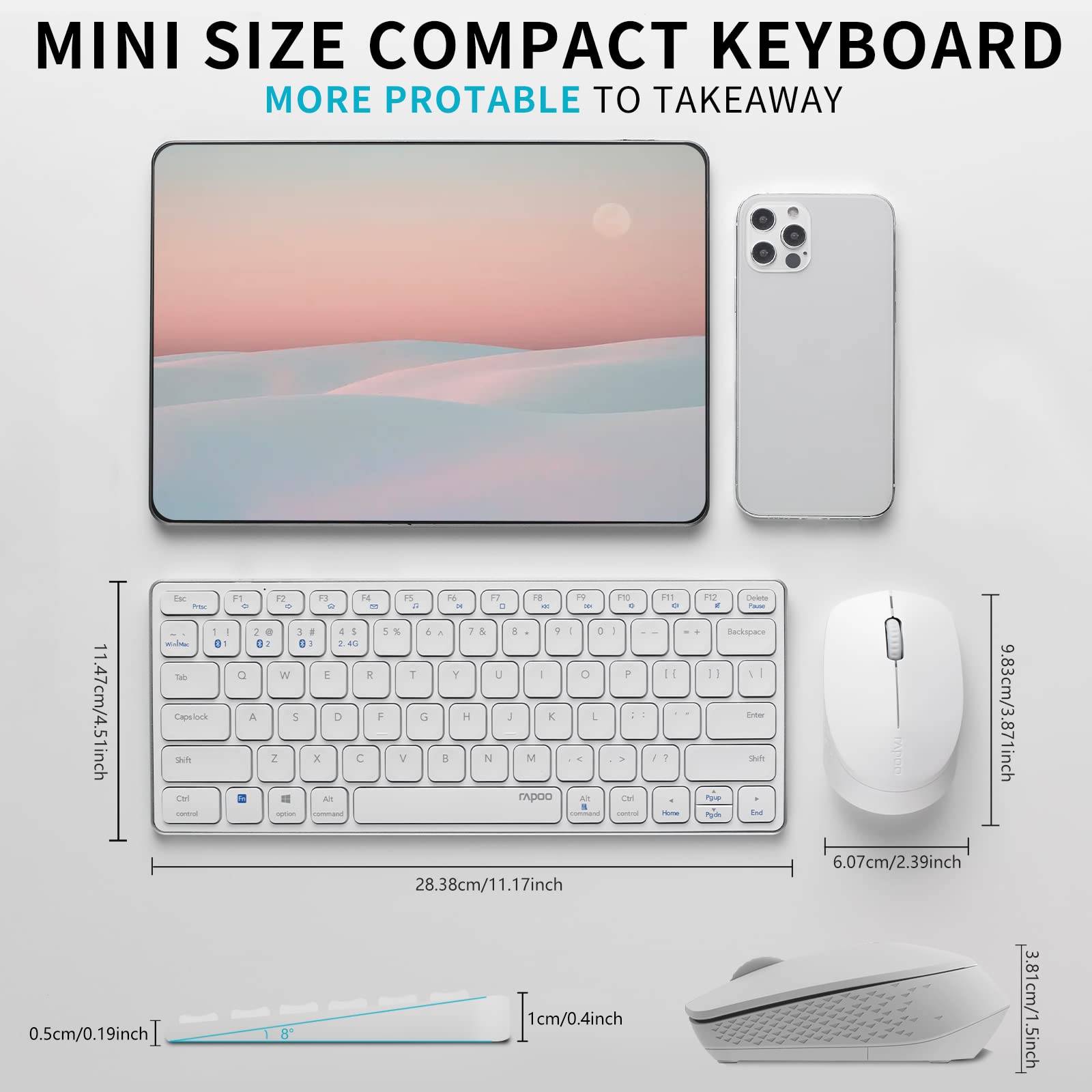 RAPOO Wireless Keyboard and Mouse Combo - Bluetooth Keyboard and Mouse Set, Compact Design with 1300 DPI for PC, Laptop, Desktop - Compatible with Windows XP/7/8/10 - Perfect for Office, Home, and Gaming Use