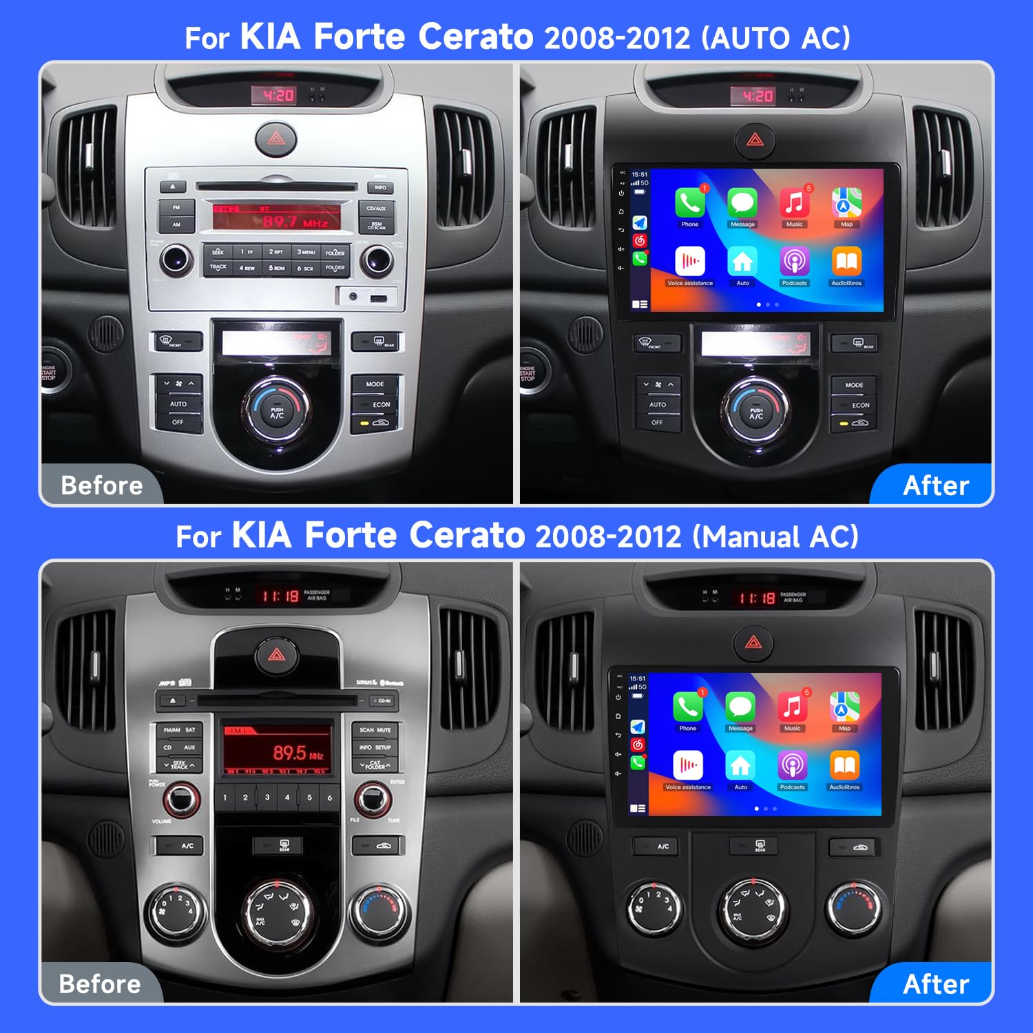 Android Touch Screen GPS Navigation Wireless CarPlay Bluetooth Head Unit with RCA Backup Camera, WiFi DVR & TPMS for 2008-2014 KIA Forte Cerato (Manual/Automatic) - Perfect for Road Trips & Daily Commuting