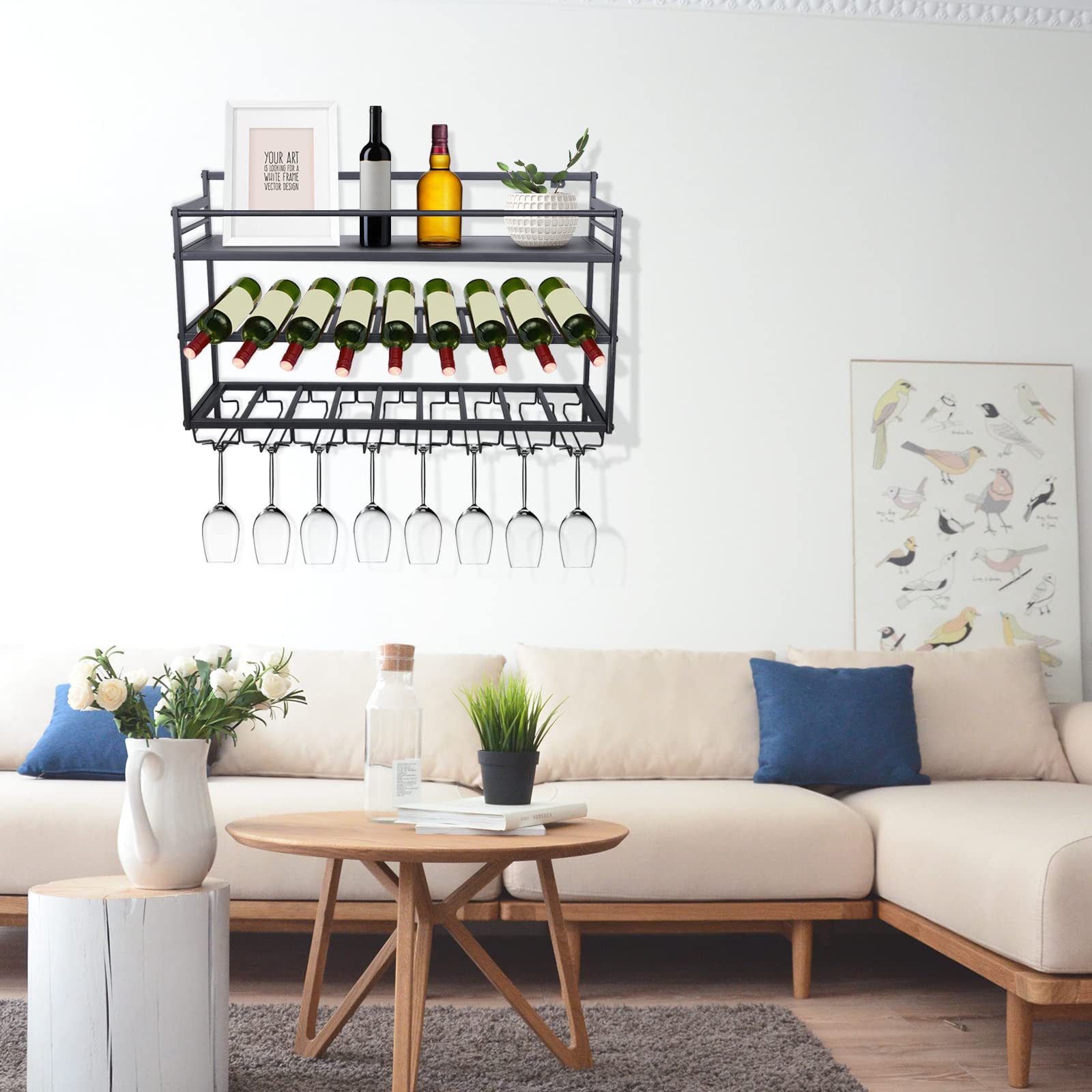 3-Tier Wall Mount Wine Rack with Hook - Hanging Metal Wine Glass Holder & Bottle Storage Shelf - Floating Wine Display for Bar, Kitchen, Restaurant, Cafe (Black) - Perfect for Home Entertaining & Commercial Use