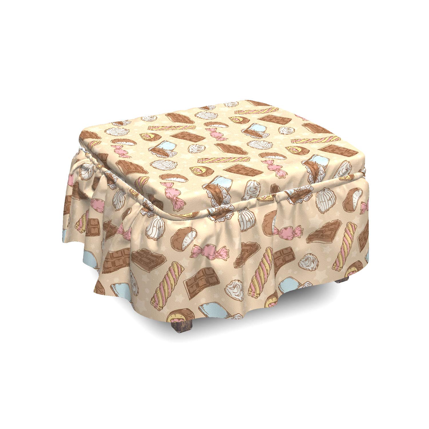 Ambesonne Chocolate Ottoman Cover, 2-Piece Slipcover Set with Ruffle Skirt for Footstool - Vintage Candy Bars Design, Home Decor Accent for Living Room