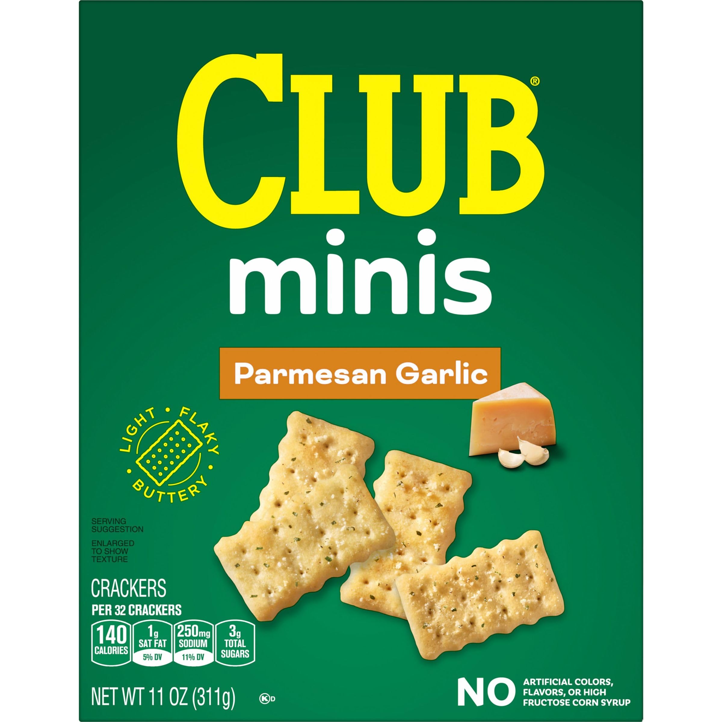 Club Minis Parmesan Garlic Crackers - 11oz Box (Pack of 1) | Crunchy Baked Snacks for Lunch, Parties & On-the-Go | Perfect with Dips, Cheese & Charcuterie Boards