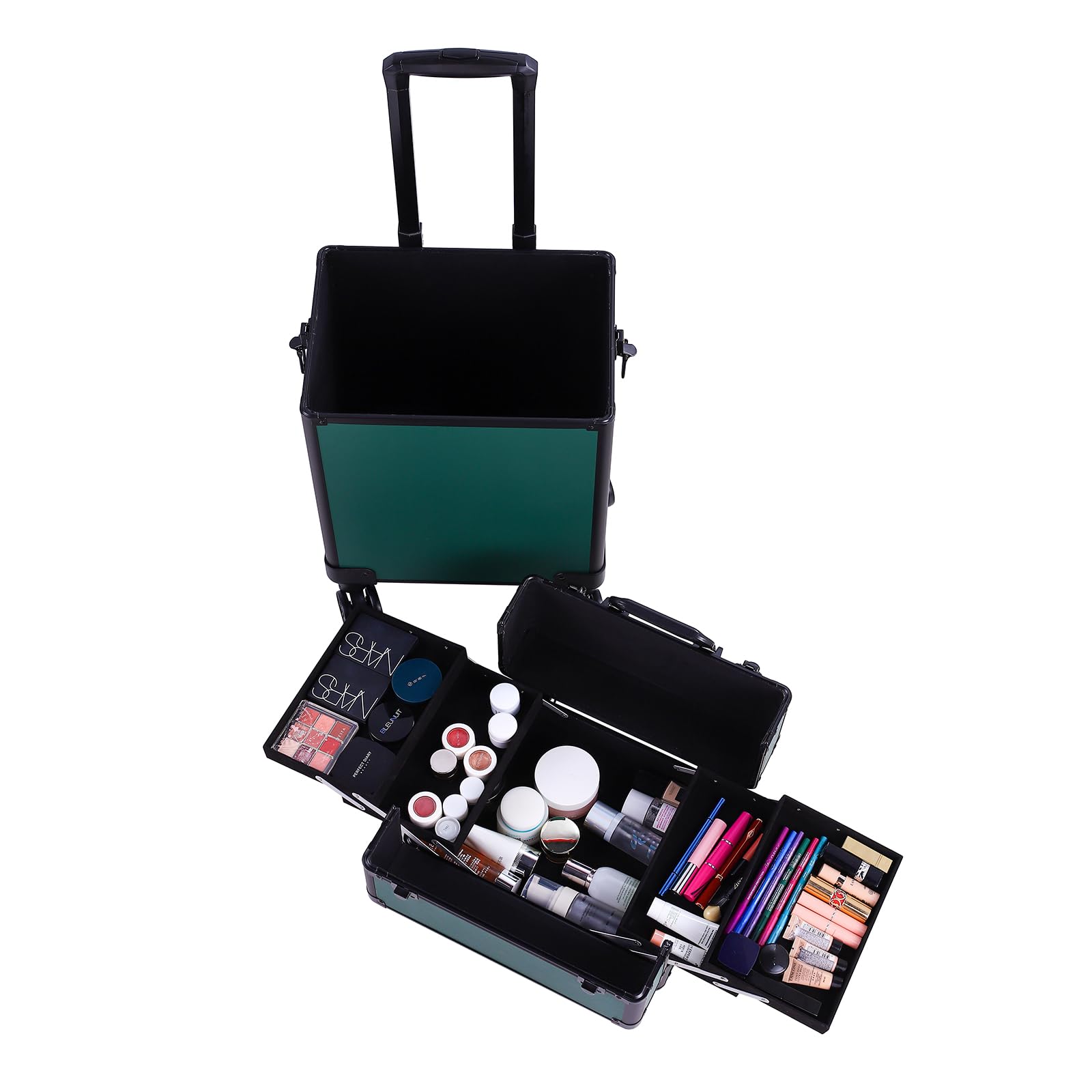 Karl Home 4-in-1 Makeup Train Case Rolling Cosmetic Trolley - Large Capacity Professional Beauty Organizer with 360° Swivel Wheels & Lock - Perfect for Traveling Hairstylists, Makeup Artists & Nail Tech Students (Dark Green) | Ideal for Salon Professionals, Beauty School & On-the-Go Makeup Storage