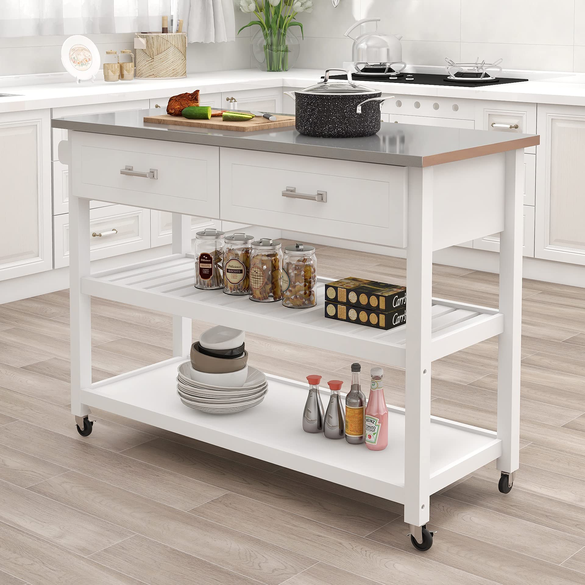 RASOO White Kitchen Island Cart with Stainless Steel Top, 2 Drawers & Storage Shelves, Mobile Kitchen Cart on Wheels 47.24