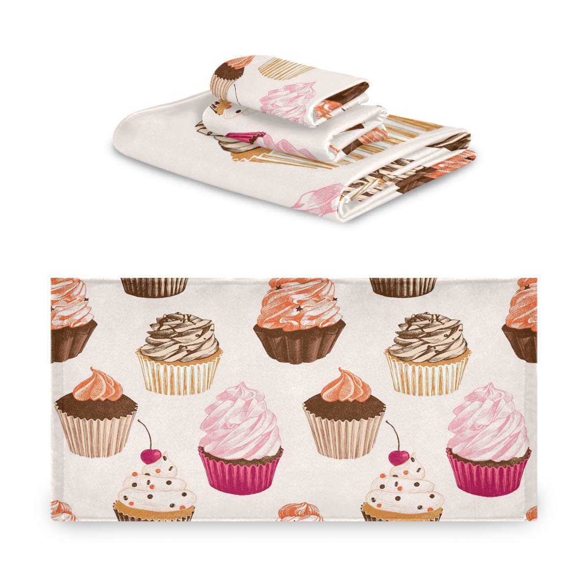 Blueangle Colorful Cupcakes Towel Set - 3 Piece Bath, Hand & Washcloth Set for Kitchen, Bathroom & Spa | Soft Cotton Towels for Home Decor & Gift Giving