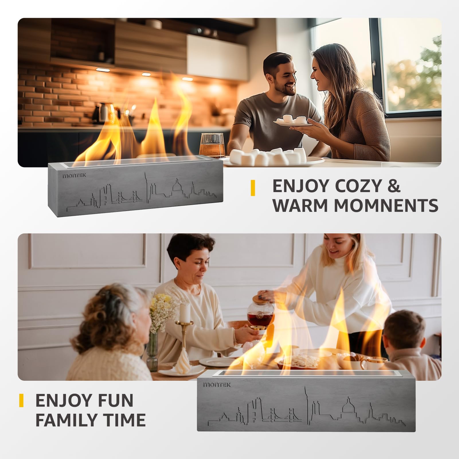 MonTEK Tabletop Fire Pit - Portable Concrete Fireplace for Indoor & Outdoor Use, Smokeless Alcohol Burner for Long-Lasting Flames, Perfect for Patio, Balcony, Camping & Backyard Gatherings - Includes Extinguisher & S'mores Maker