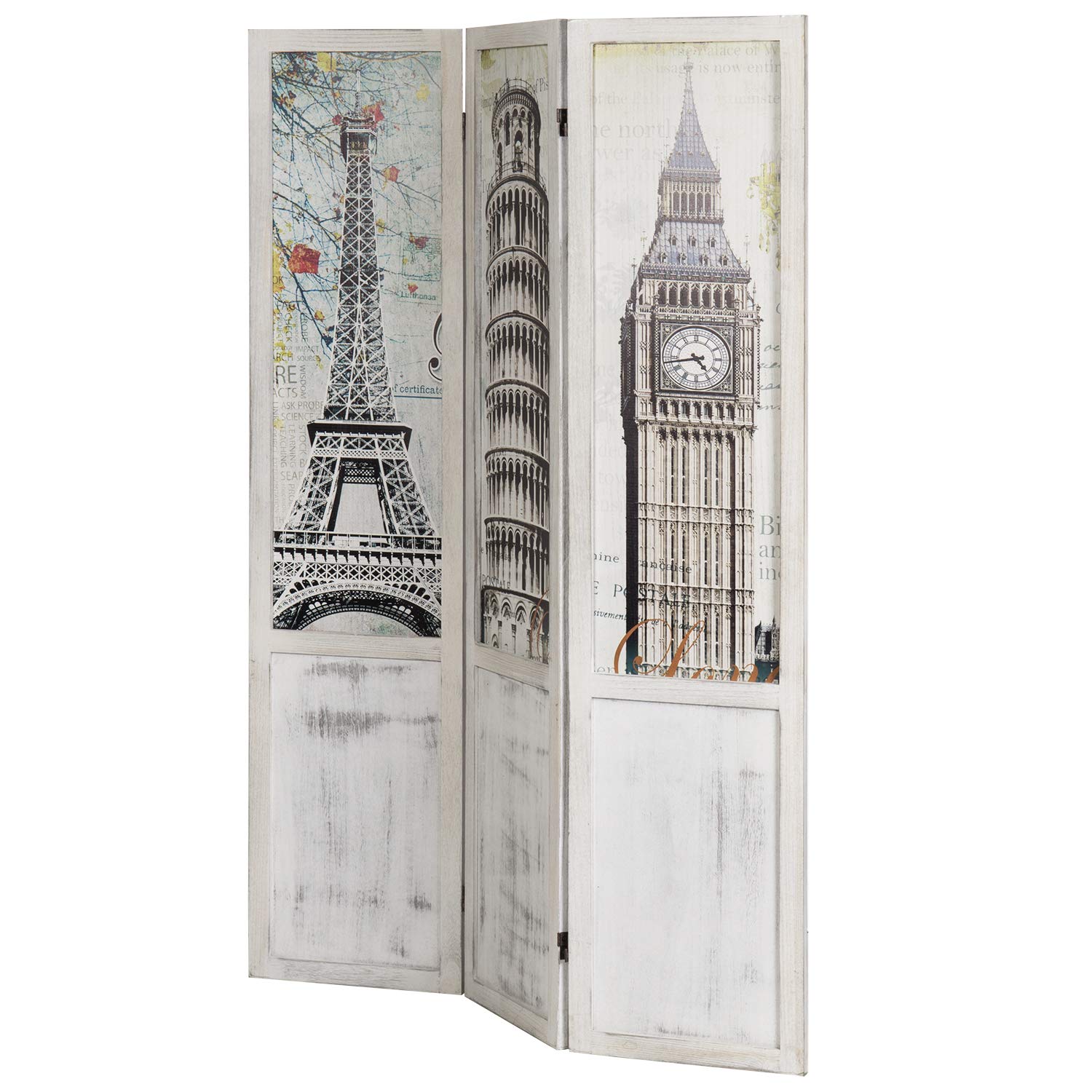 MyGift 3-Panel Single-Sided European Famous Landmarks Room Divider with Whitewashed Wood Frame - Stylish Room Partition for Home, Office, and Dorm Decor