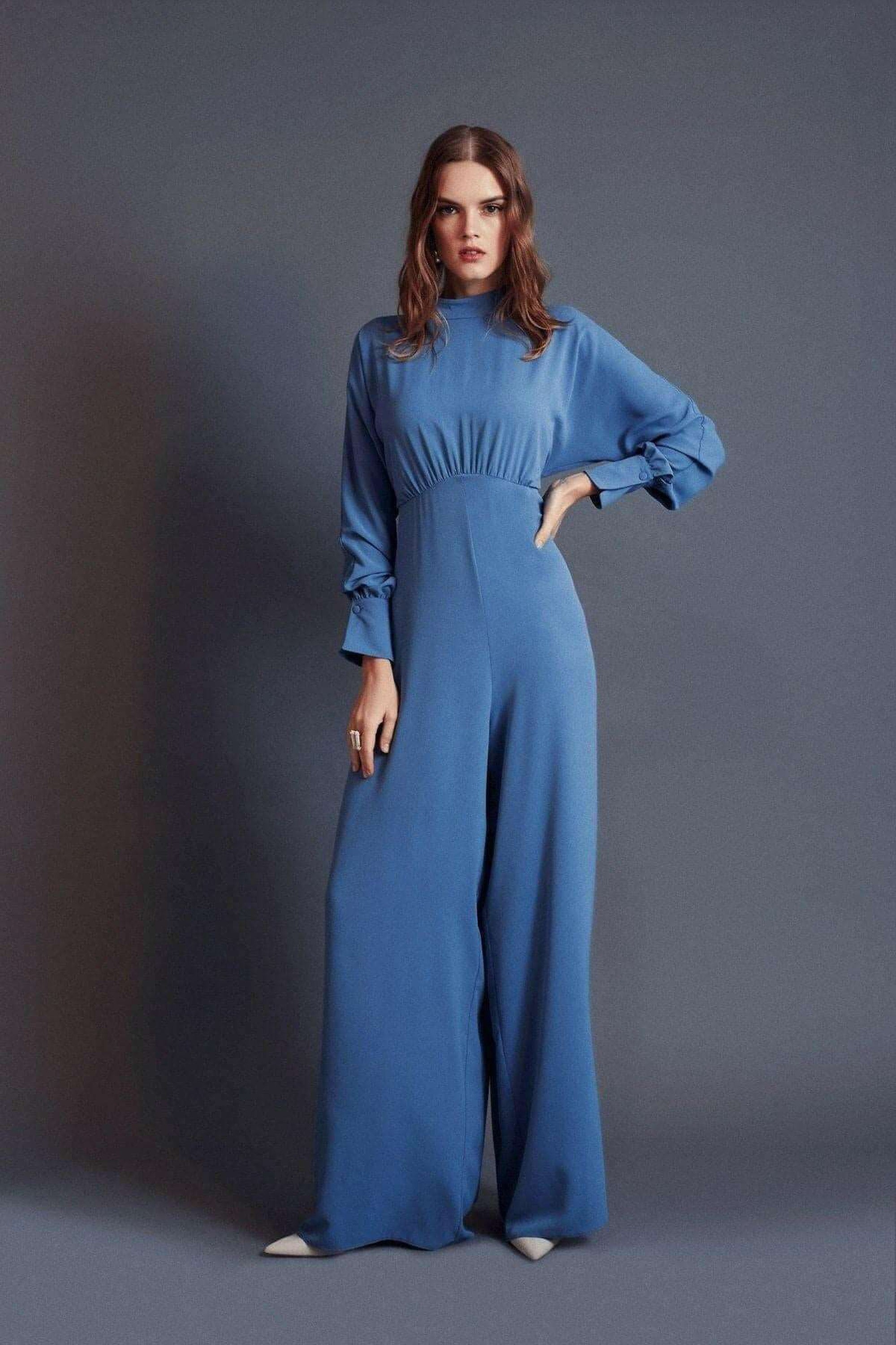 Elegant Draped Lisa Gathered High Waist Jumpsuit in Blue - Modest Romper for Women | Perfect for Casual Outings, Summer Parties & Beach Vacations