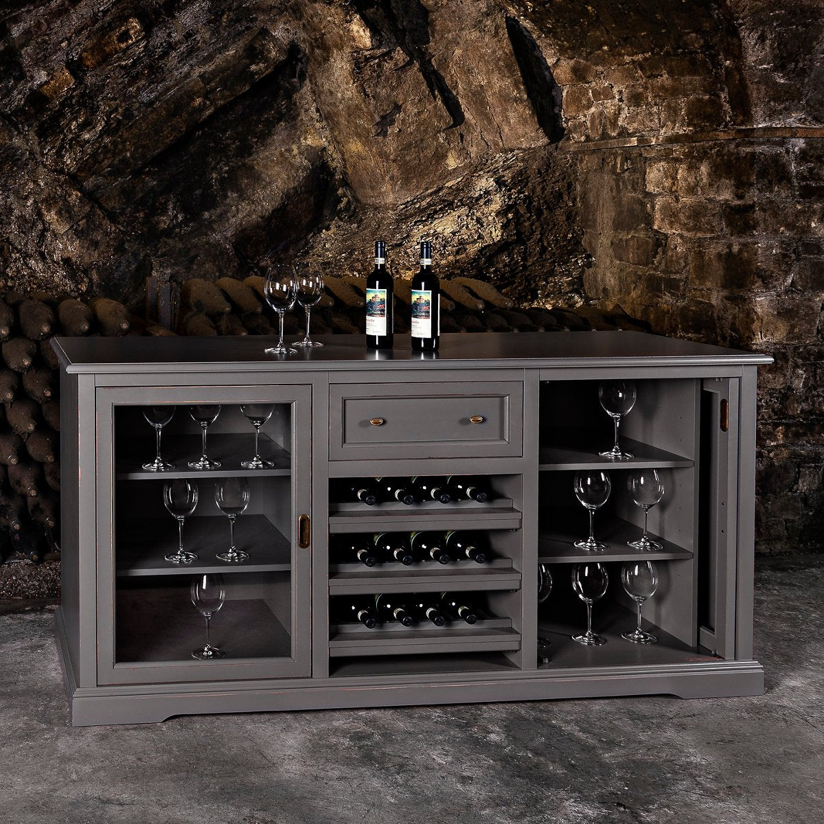 Antique Gray Siena Wine Credenza - Rustic Wood Wine Cabinet for Dining Room, Bar, or Kitchen Storage