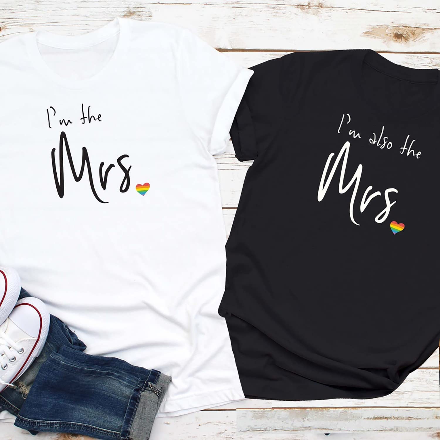 Lesbian Couple Matching Shirts - Mrs & Mrs Engagement Wedding Outfits - LGBT Pride Wife & Bachelorette Party Tees - Rainbow Color LGBTQ+ Apparel for Weddings, Pride Parades & Anniversary Celebrations