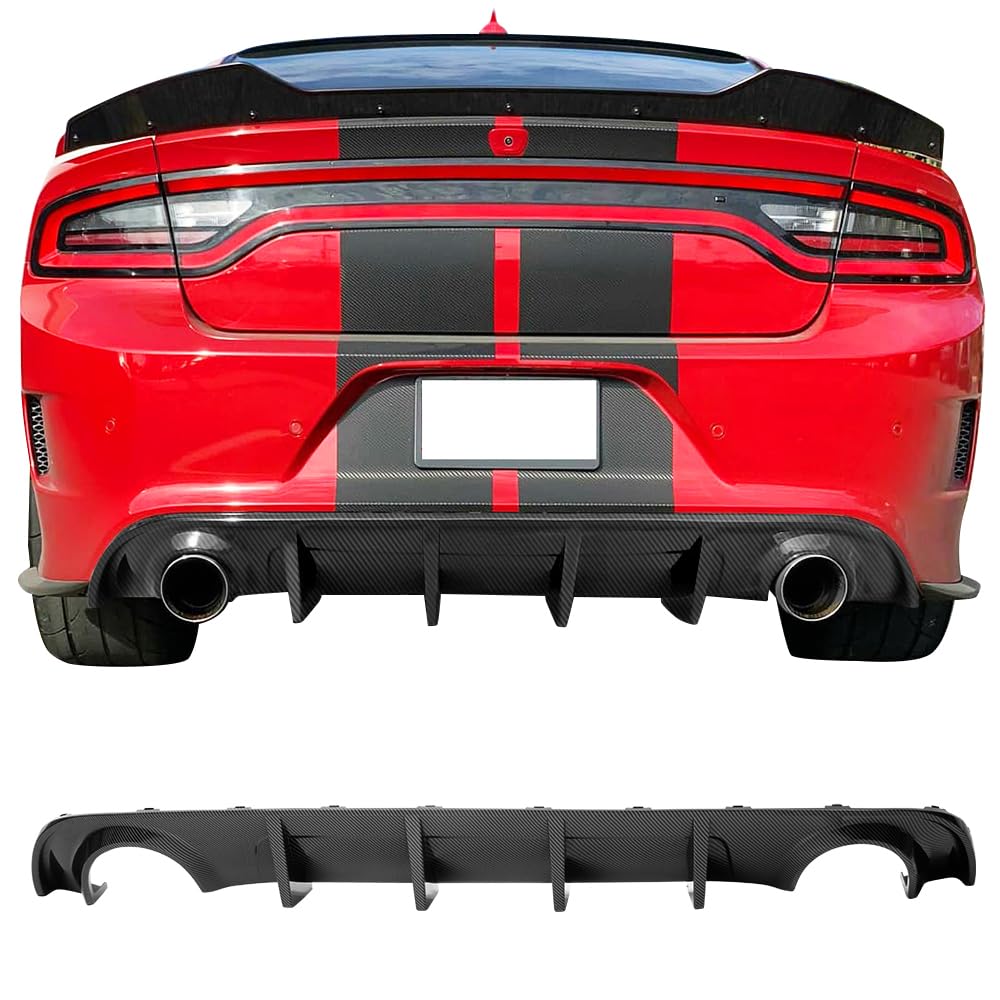 IKON MOTORSPORTS Rear Bumper Diffuser for 2015-2023 Dodge Charger Base & SXT - Carbon Fiber Print PP Lip Splitter | Enhances Aerodynamics & Sporty Look for Street Racing & Car Shows