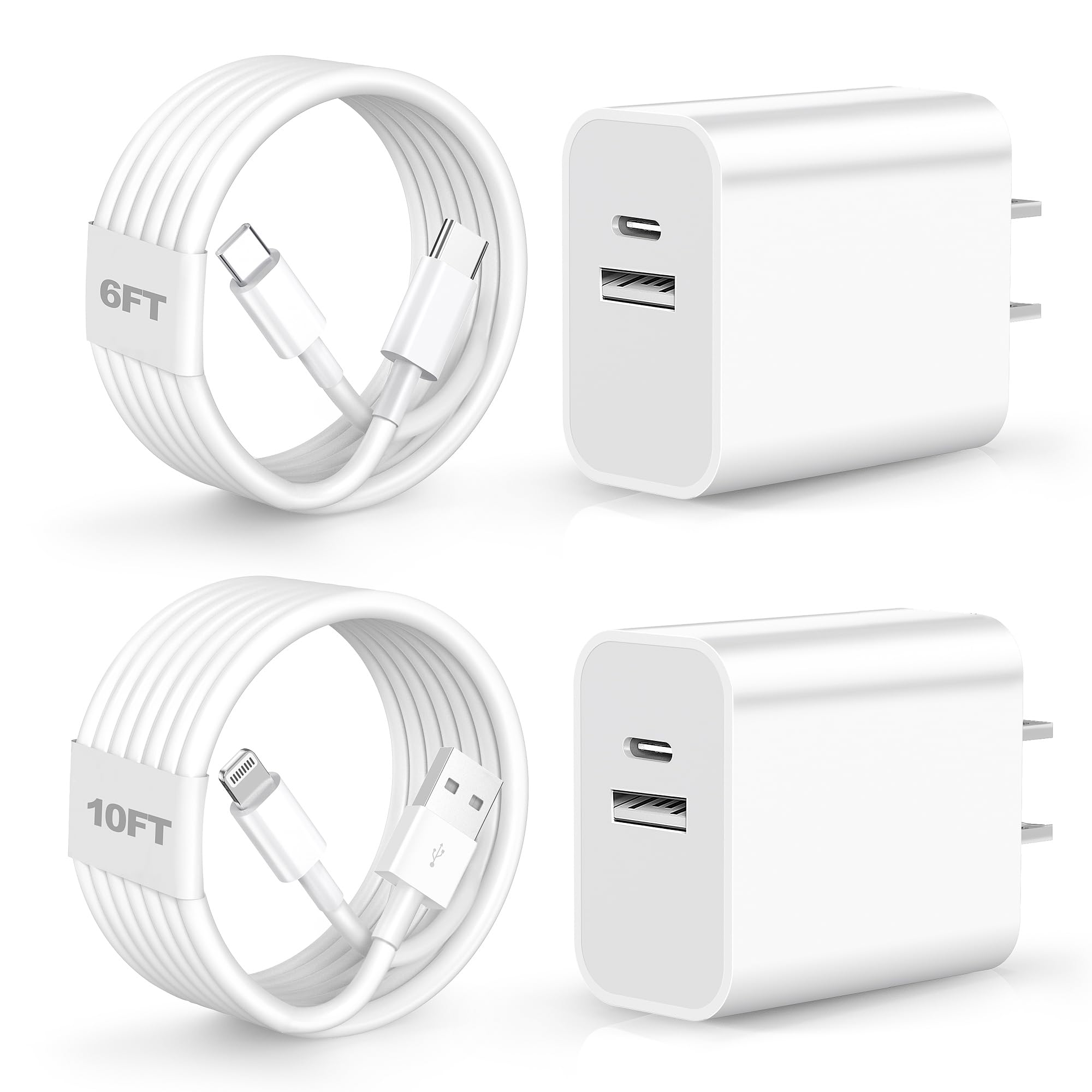2-Pack 20W USB-C Fast Charger Block with 10ft Lightning Cable & 6ft USB-C to USB-C Cable - Compatible with iPhone 15/Pro/Max/iPad Pro - Quick Charging for Home, Office & Travel