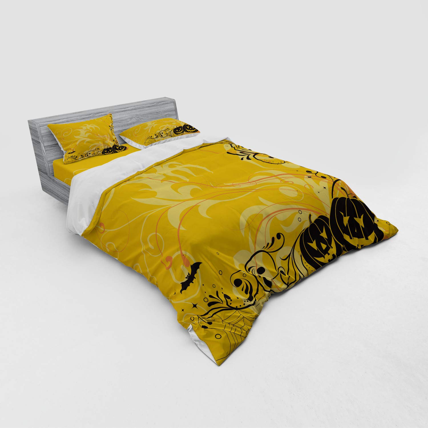 Ambesonne Halloween Duvet Cover Set - Queen Size 4-Piece Bedding with Carved Pumpkin, Floral, Bat & Web Design | Spooky Jack-o'-Lantern Artwork in Orange & Black | Perfect for Halloween Decor, Themed Bedrooms & Cozy Autumn Nights