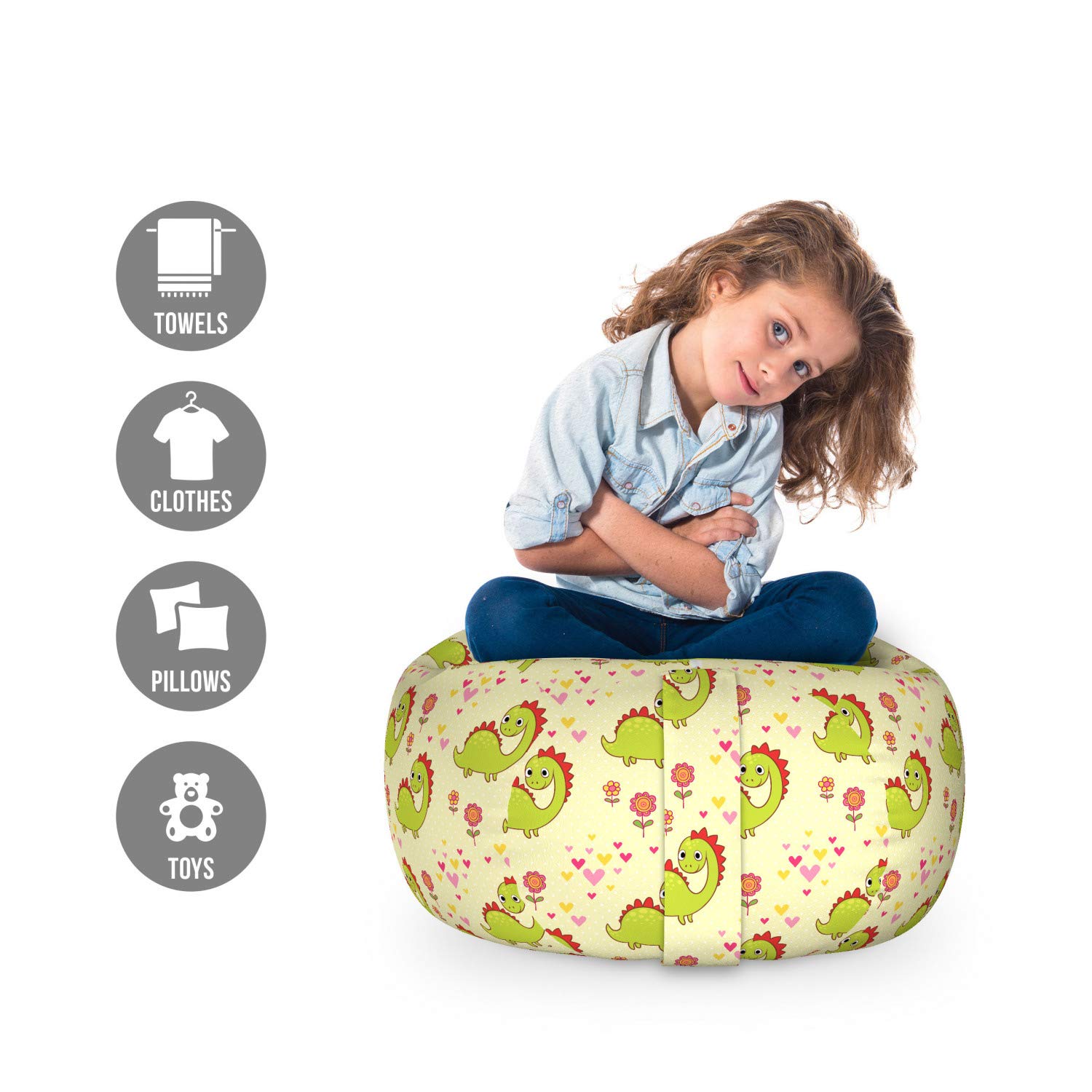 Ambesonne Dinosaur Toy Storage Bag Chair - Washable Stuffed Animal Organizer with Dinosaur & Floral Print, Small Size Green & Yellow - Perfect for Kids' Room, Playroom & Toy Organization