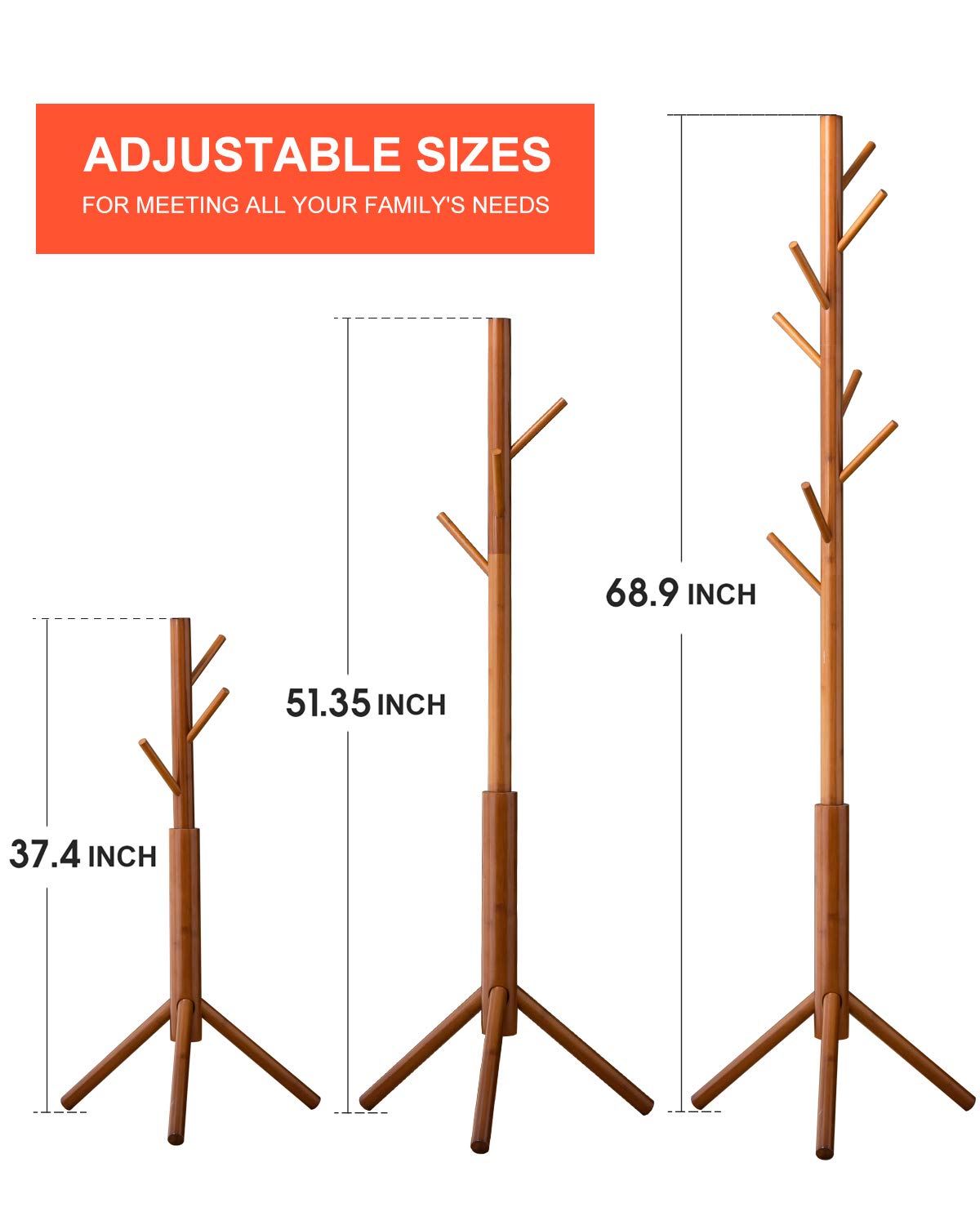 BMOSU Freestanding Coat Rack Stand - 8 Hooks Bamboo Wooden Coat Tree with 3 Adjustable Height - Space Saving Jacket Hanger for Hallway, Corner, Parlor (Brown) - Perfect for Entryway, Bedroom & Closet Organization