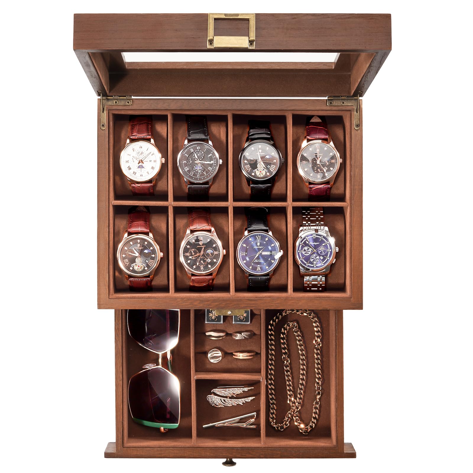 ProCase 8-Slot Wooden Watch Box for Men & Women - 2-Layer Watch Display Case with Drawer, Jewelry & Watch Storage Organizer - Perfect for Watch Collectors & Gift Giving (Brown)